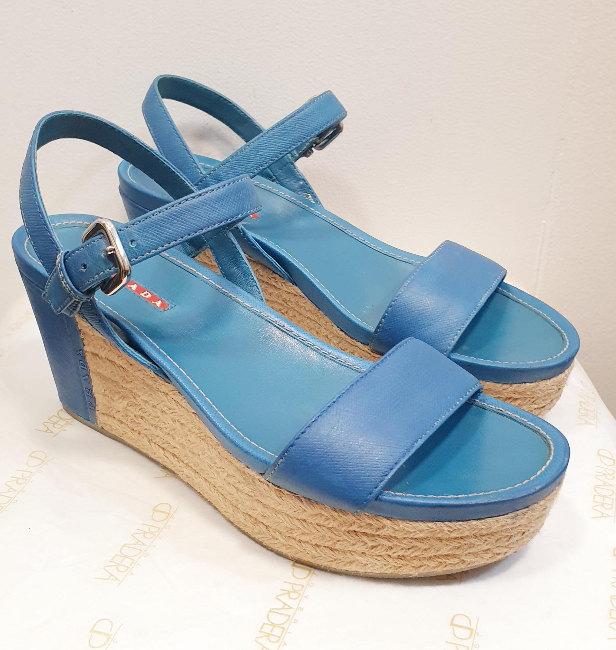 Blue Leather Sandals by PRADA For Sale 1