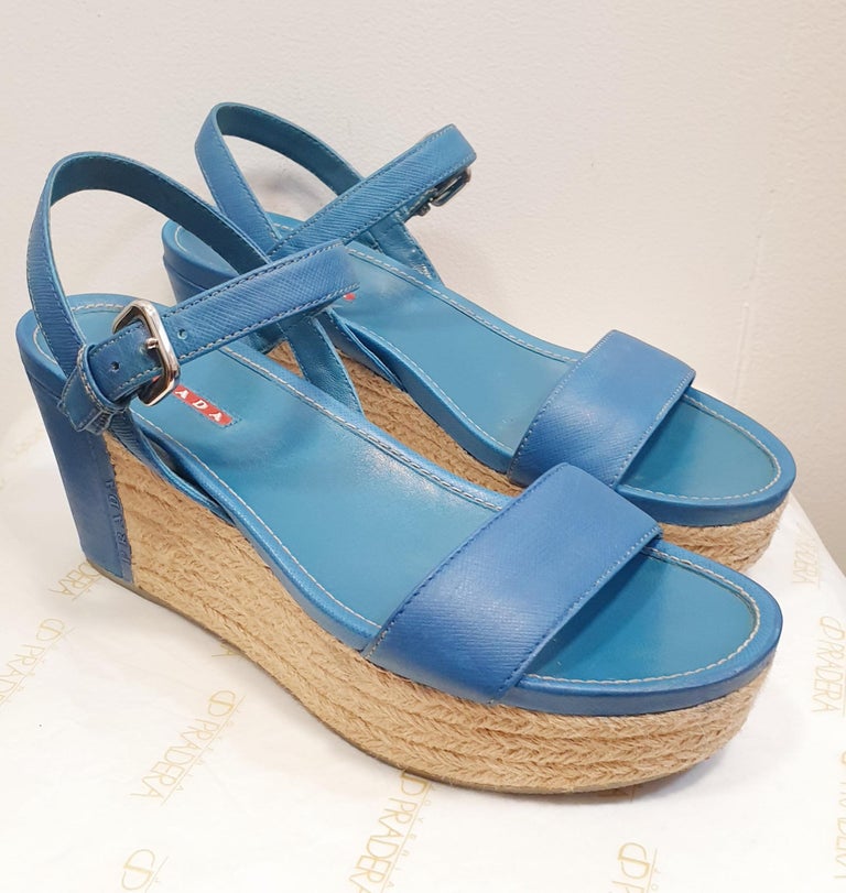 Blue Leather Sandals by PRADA For Sale 3