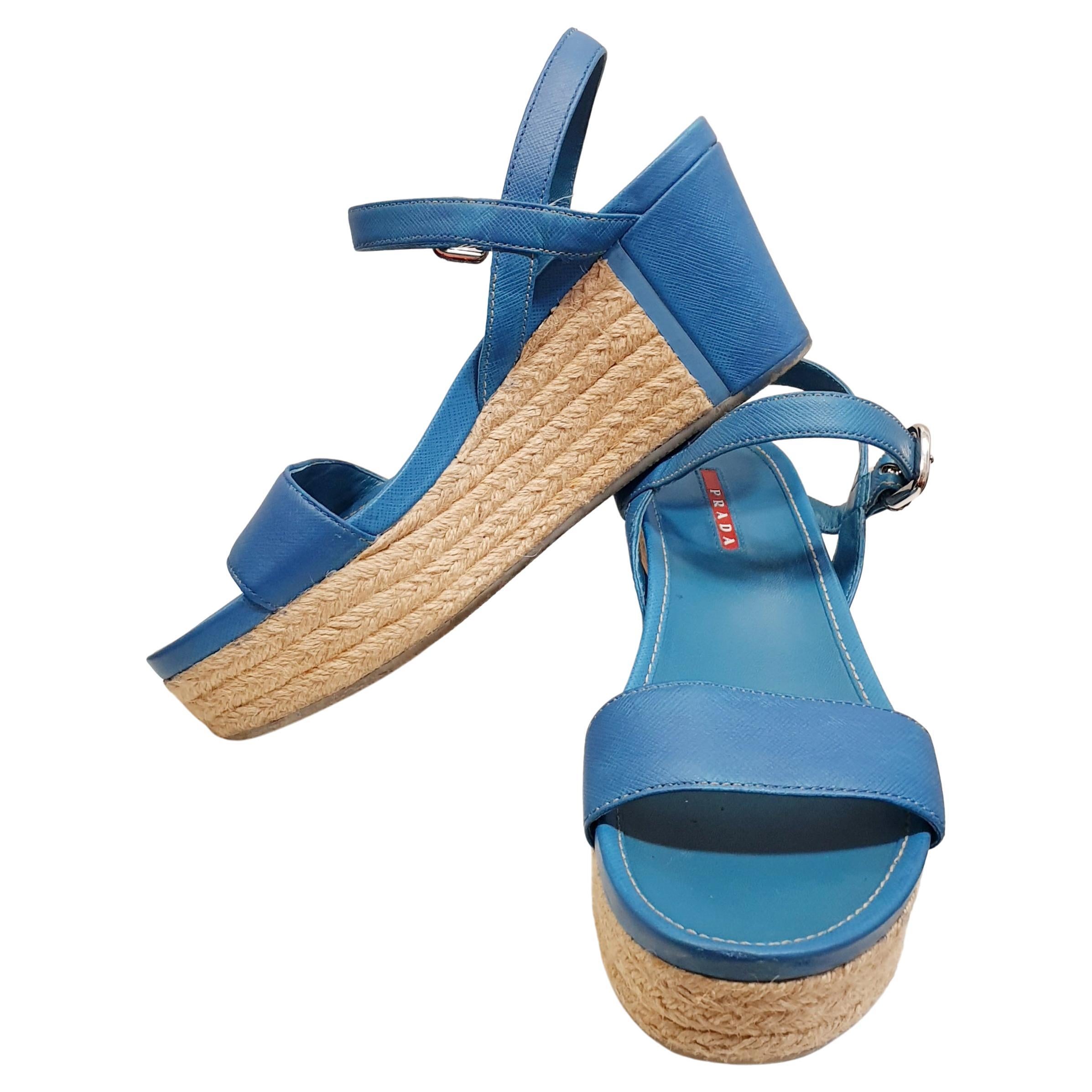 Blue Leather Sandals by PRADA For Sale