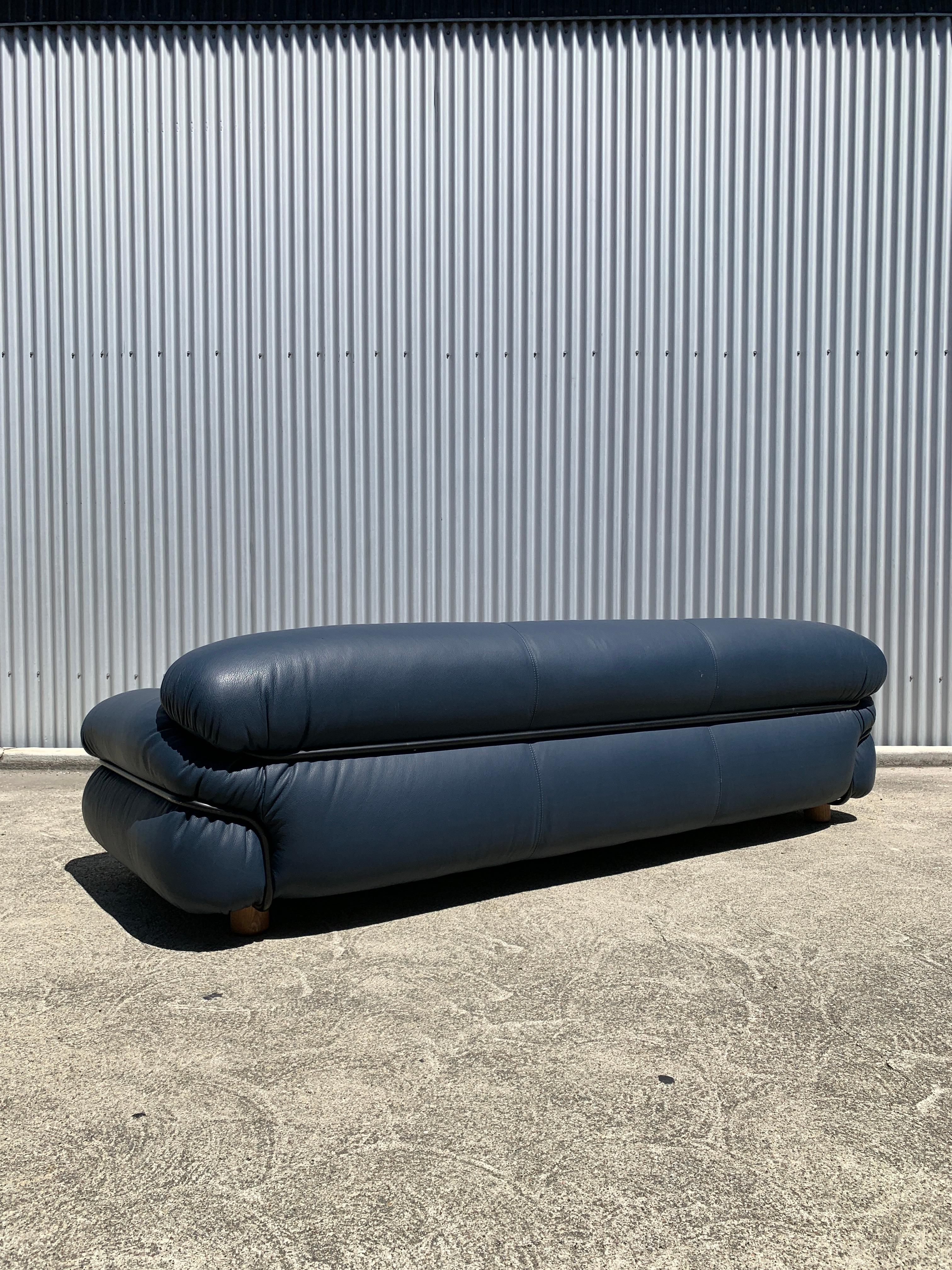 Mid-Century Modern Blue Leather Sessan Sofa by Gianfranco Frattini for Tacchini