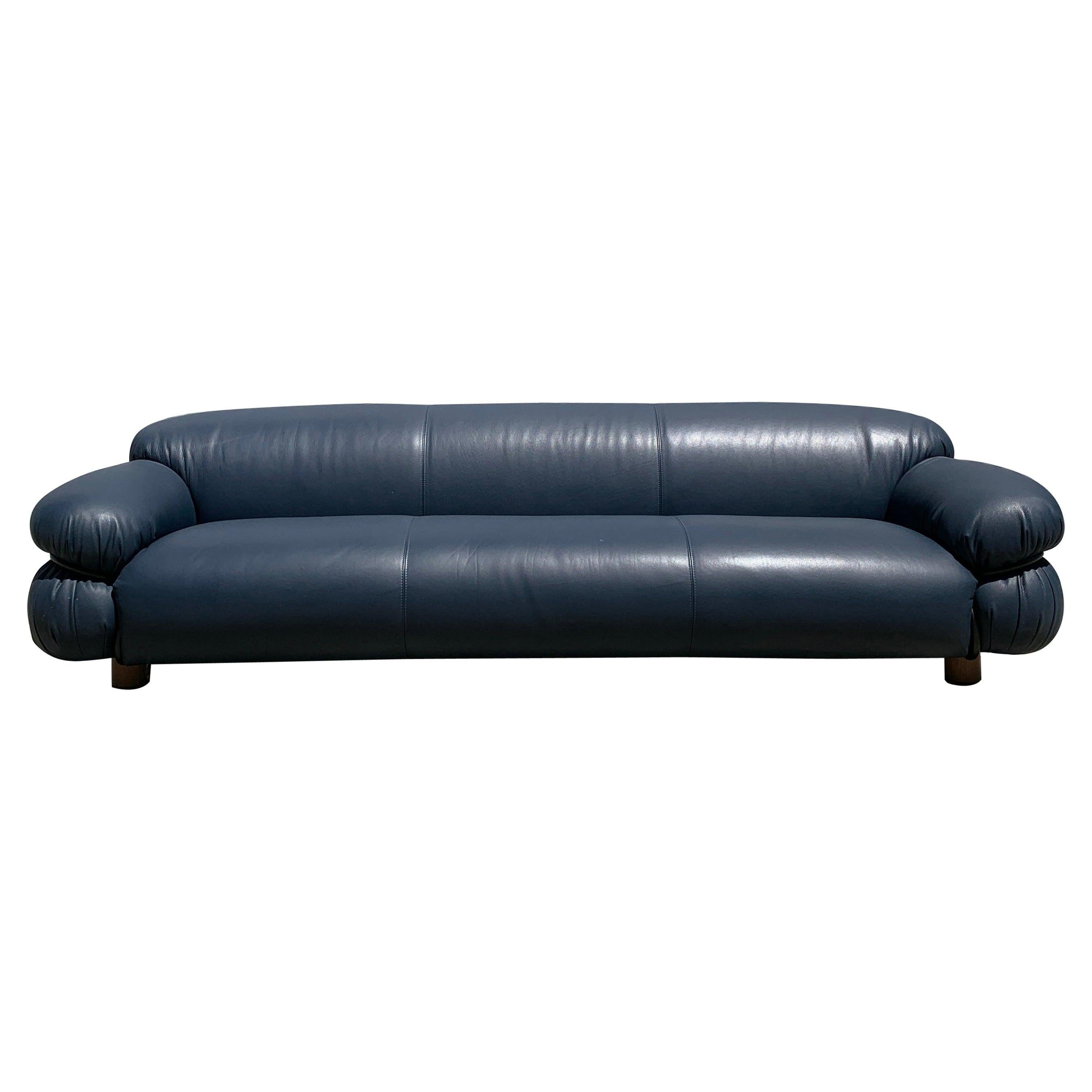 Blue Leather Sessan Sofa by Gianfranco Frattini for Tacchini