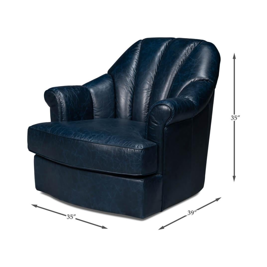 Blue Leather Swivel Chair For Sale 4