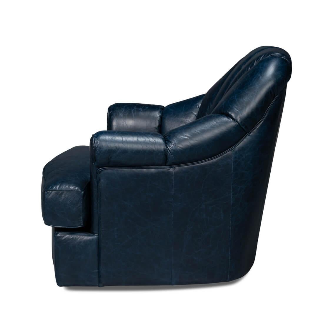 American Classical Blue Leather Swivel Chair For Sale