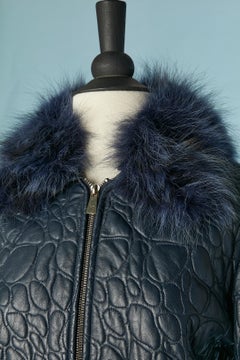 Blue leather top-stitched jacket with detachable fur collar TRU TRUSSARDI