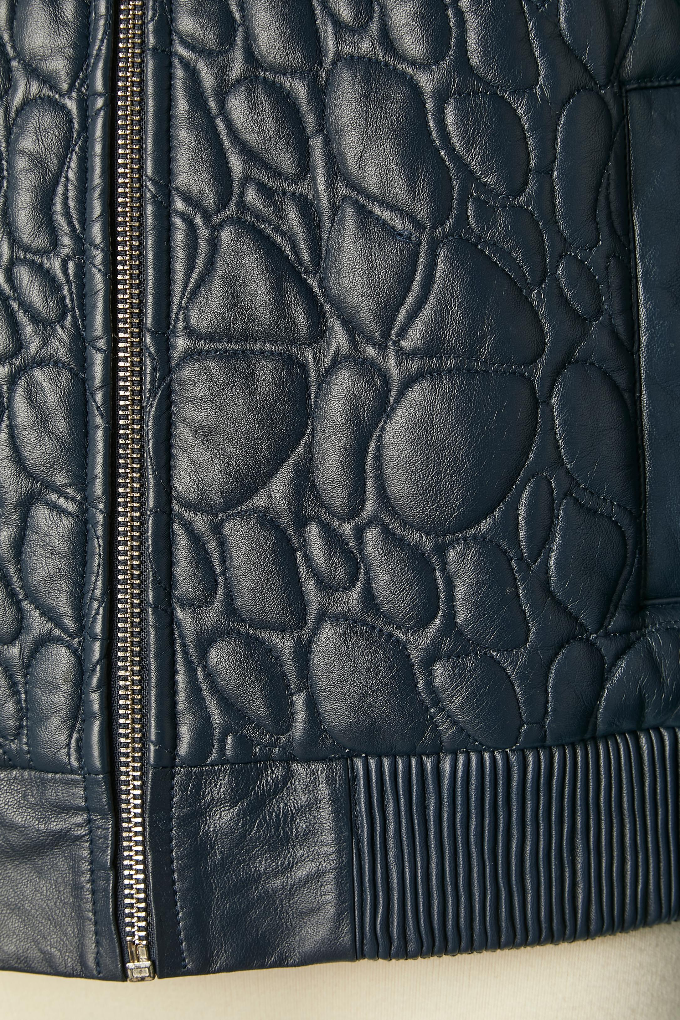 Blue leather top-stitched jacket with detachable fur collar TRU TRUSSARDI  In Excellent Condition For Sale In Saint-Ouen-Sur-Seine, FR