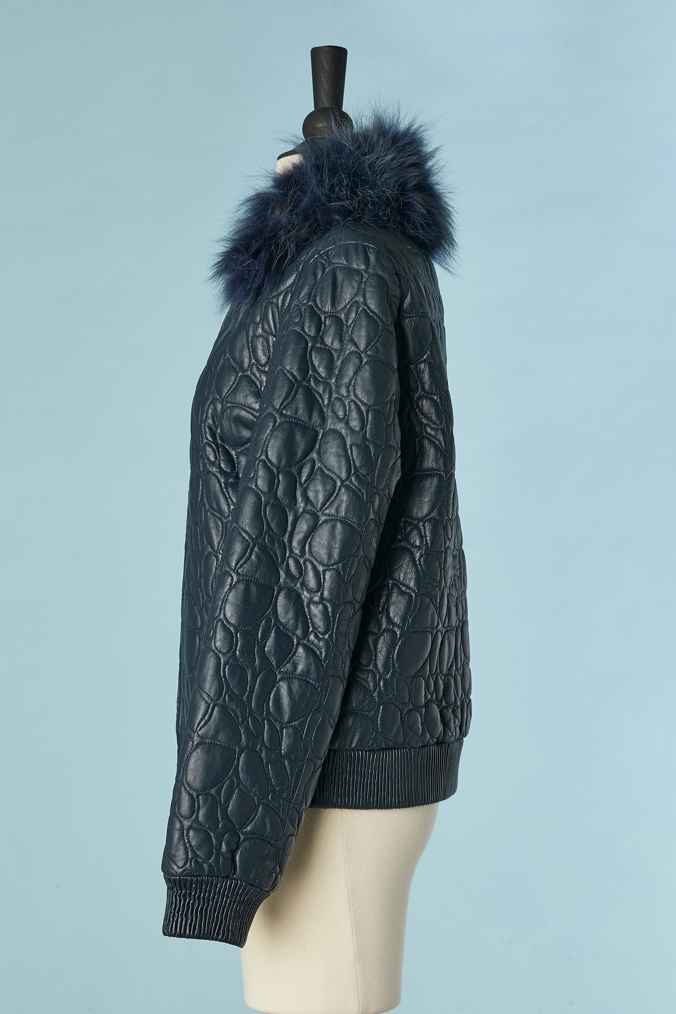 Blue leather top-stitched jacket with detachable fur collar TRU TRUSSARDI  For Sale 1