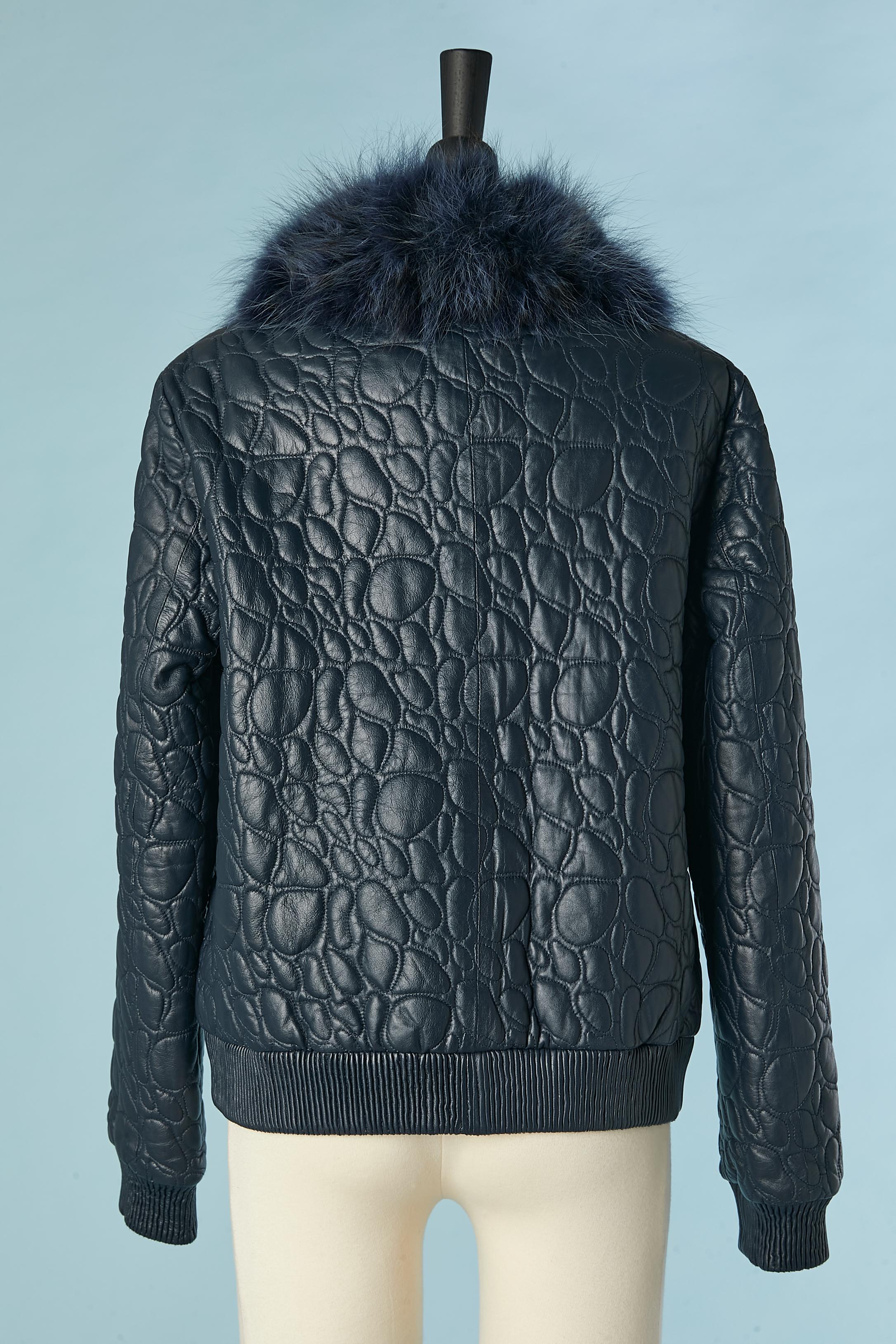 Blue leather top-stitched jacket with detachable fur collar TRU TRUSSARDI  For Sale 2