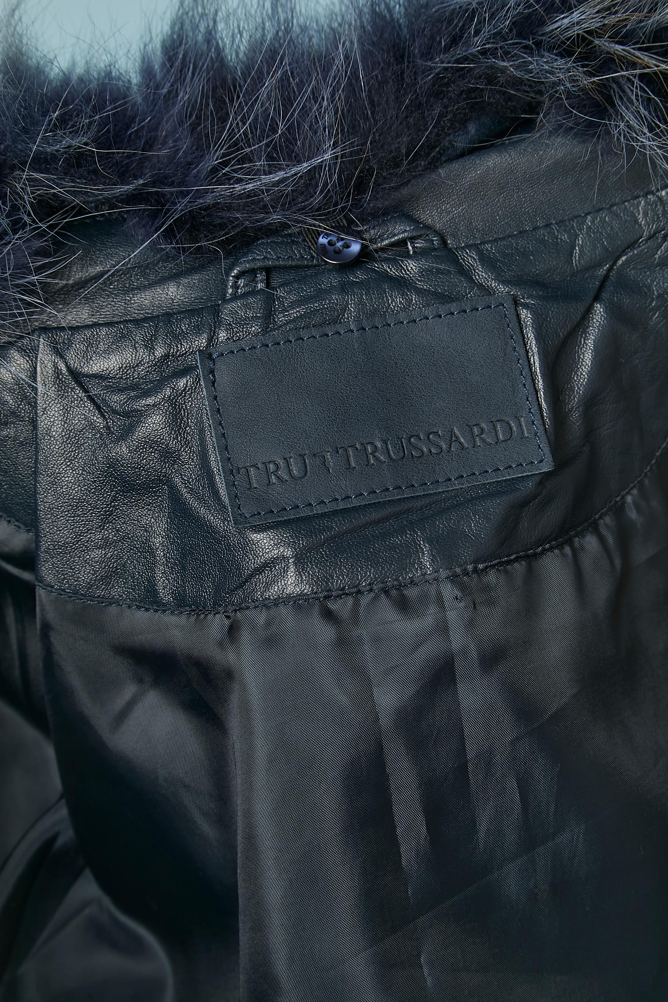 Blue leather top-stitched jacket with detachable fur collar TRU TRUSSARDI  For Sale 3