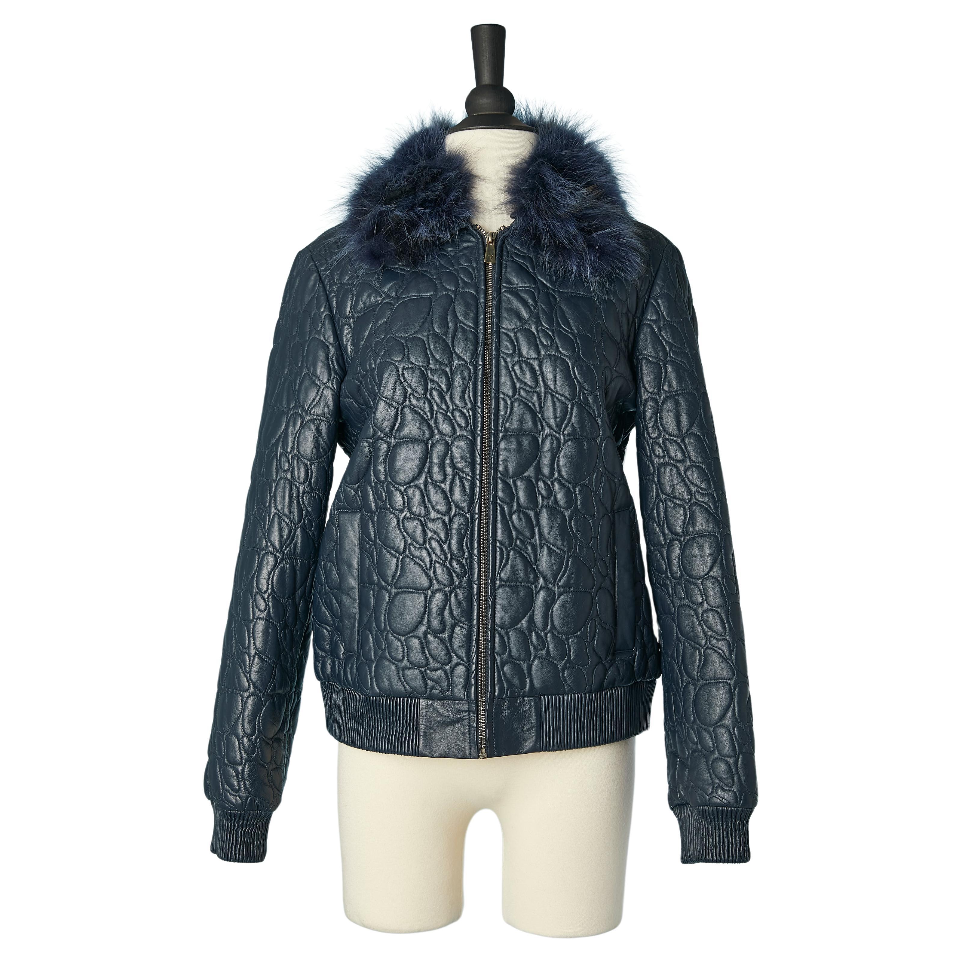 Blue leather top-stitched jacket with detachable fur collar TRU TRUSSARDI  For Sale