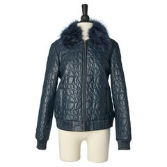 Blue leather top-stitched jacket with detachable fur collar TRU TRUSSARDI 