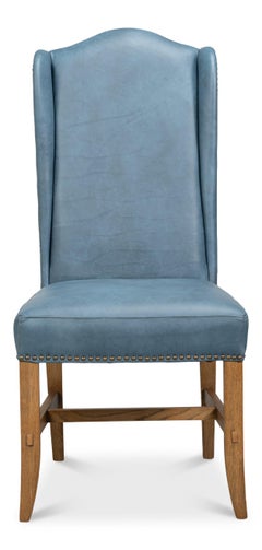Esszimmerstühle aus blauem Leder mit Flügellehne und hoher Rückenlehne, 2er-Sets