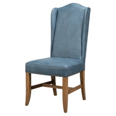 Esszimmerstühle aus blauem Leder mit Flügellehne und hoher Rückenlehne, 2er-Sets