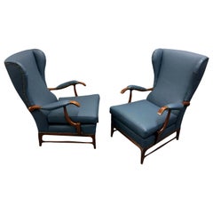 Blue Leather Wingback Lounge Chairs by Paolo Buffa, 1960s