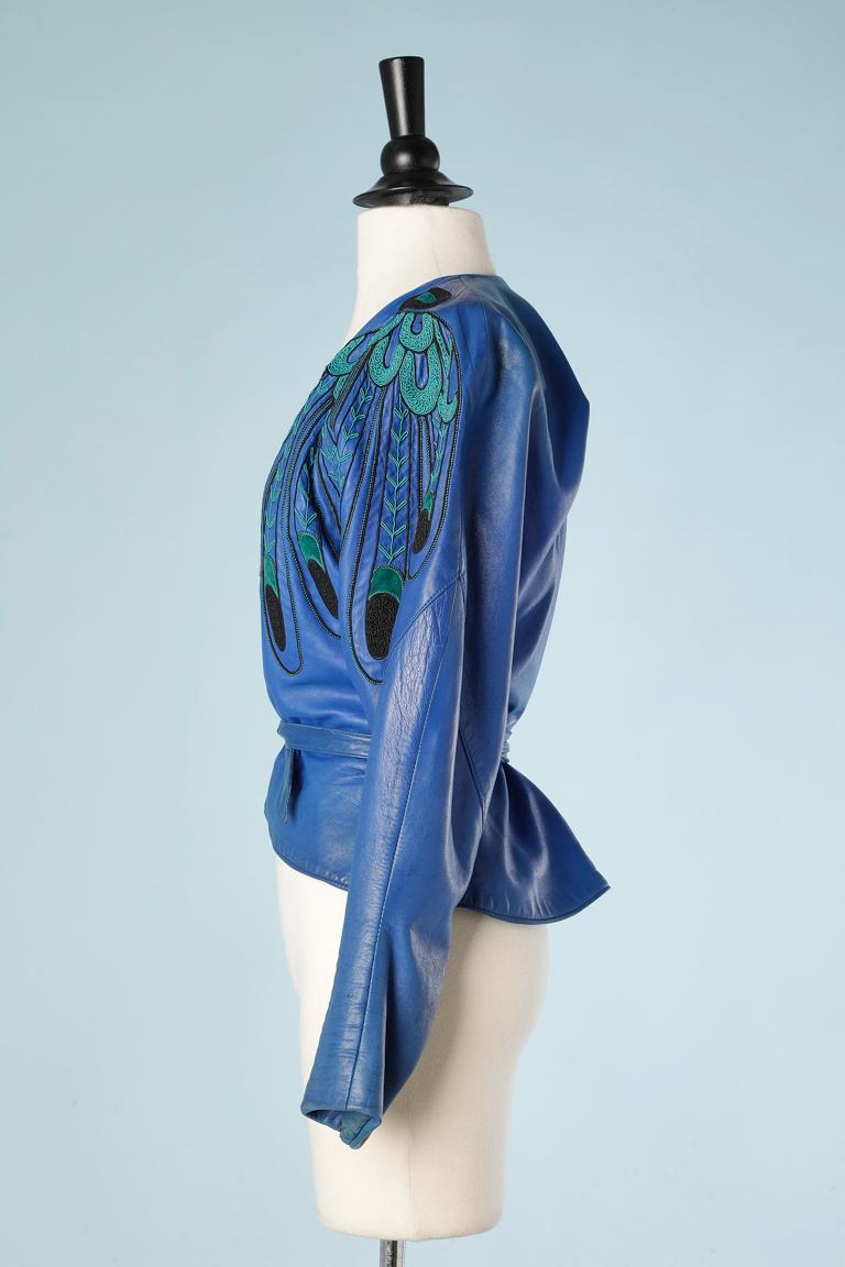 Women's Blue leather wrap jacket with feathers embroideries Jean-Claude Jitrois  For Sale