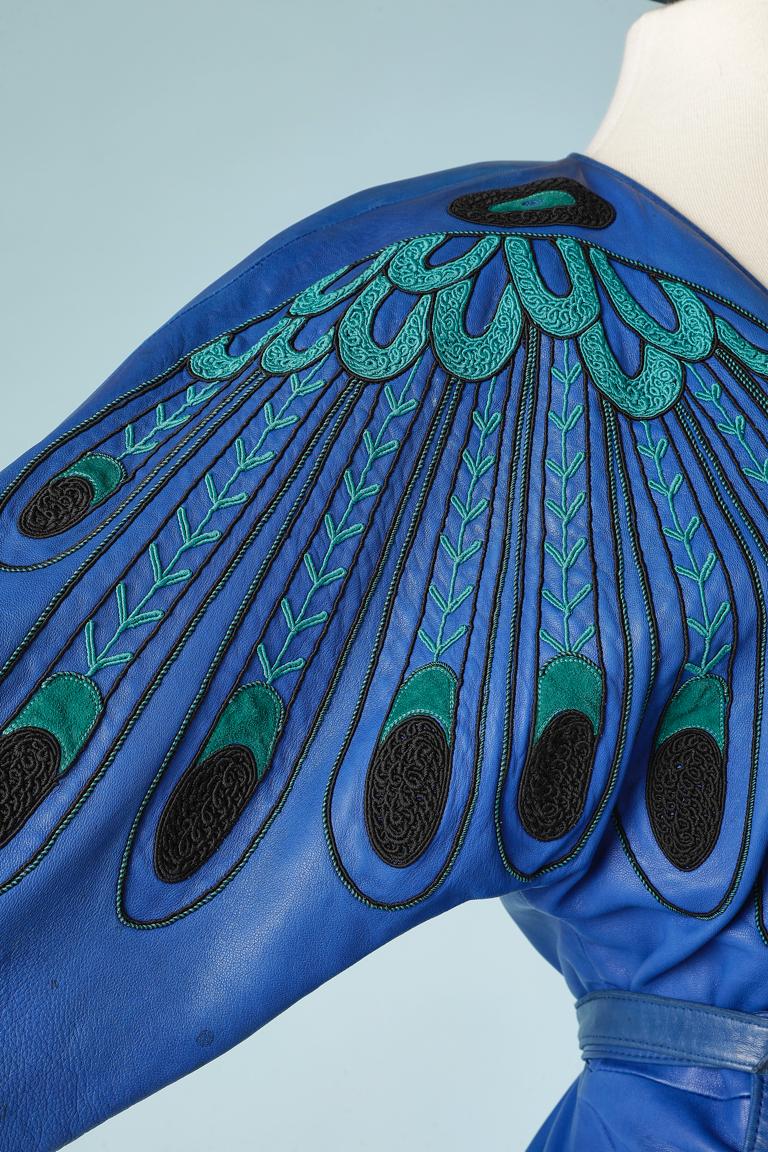 Blue leather wrap jacket with feathers embroideries Jean-Claude Jitrois  For Sale 2
