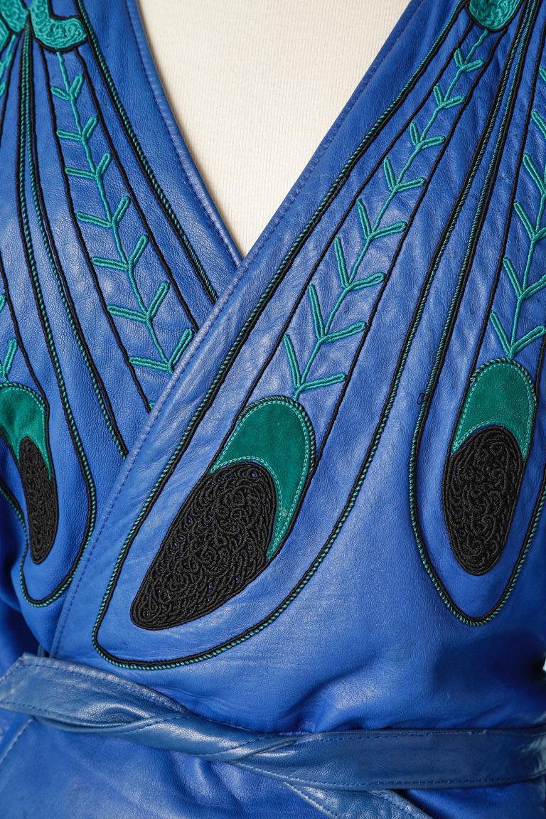 Blue leather wrap jacket with feathers embroideries Jean-Claude Jitrois  For Sale 3