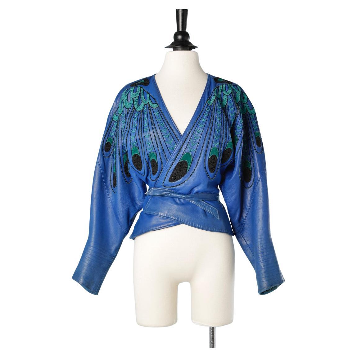 Blue leather wrap jacket with feathers embroideries Jean-Claude Jitrois 
