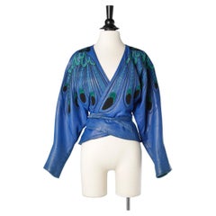 Vintage Blue leather wrap jacket with feathers embroideries Jean-Claude Jitrois 