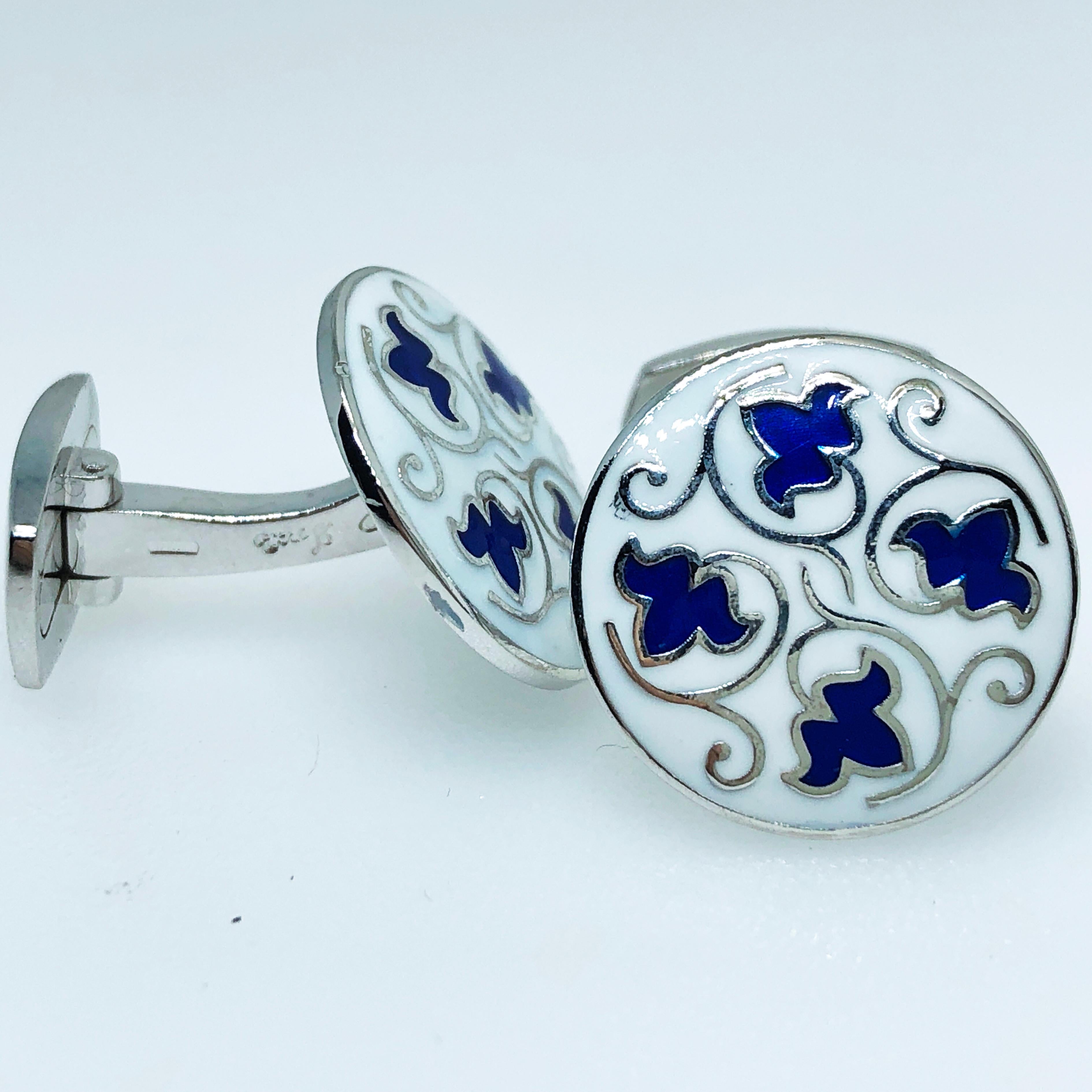 Contemporary Berca Blue Leaves White Setting Enameled Sterling Silver T-Bar Back Cufflinks For Sale