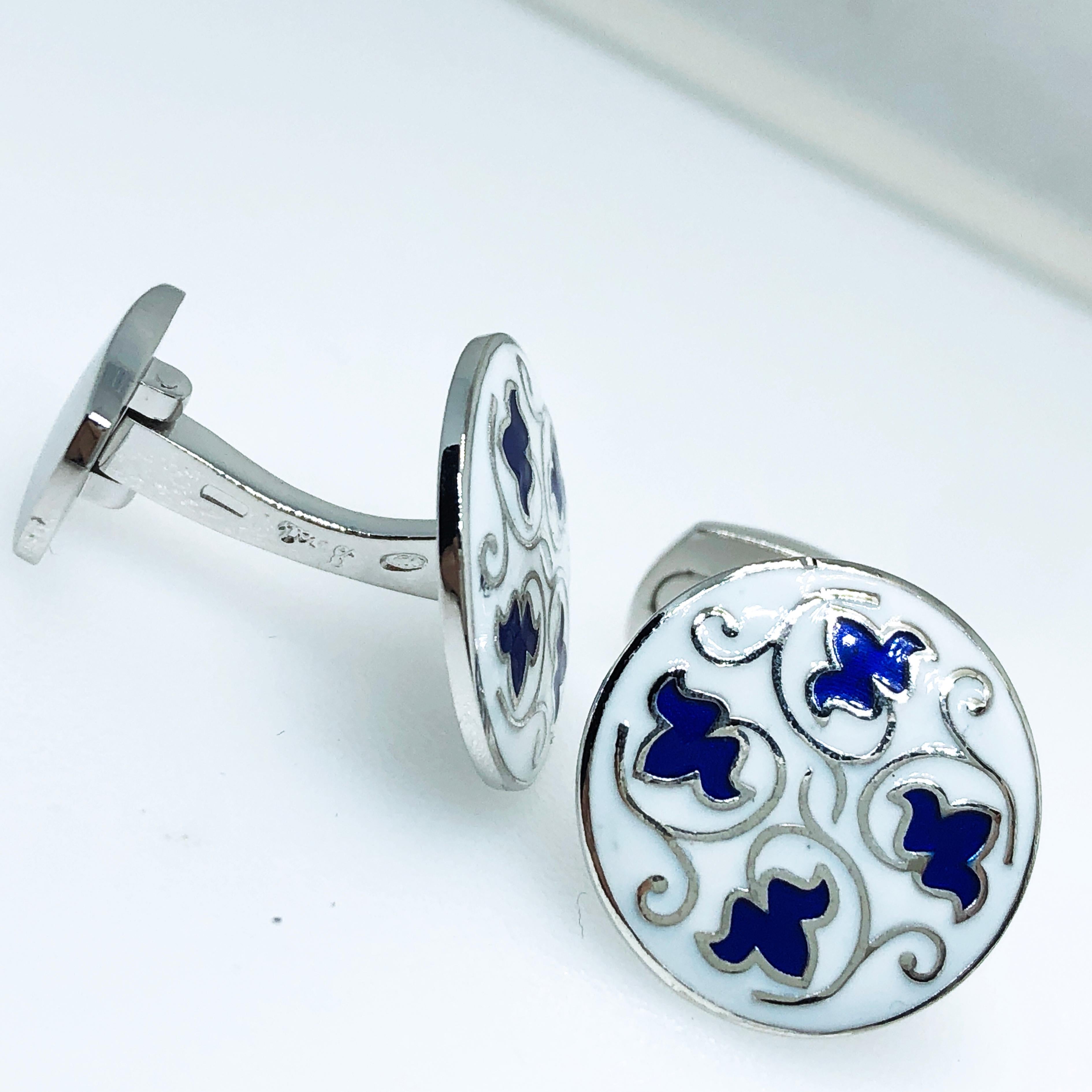 Berca Blue Leaves White Setting Enameled Sterling Silver T-Bar Back Cufflinks In New Condition For Sale In Valenza, IT