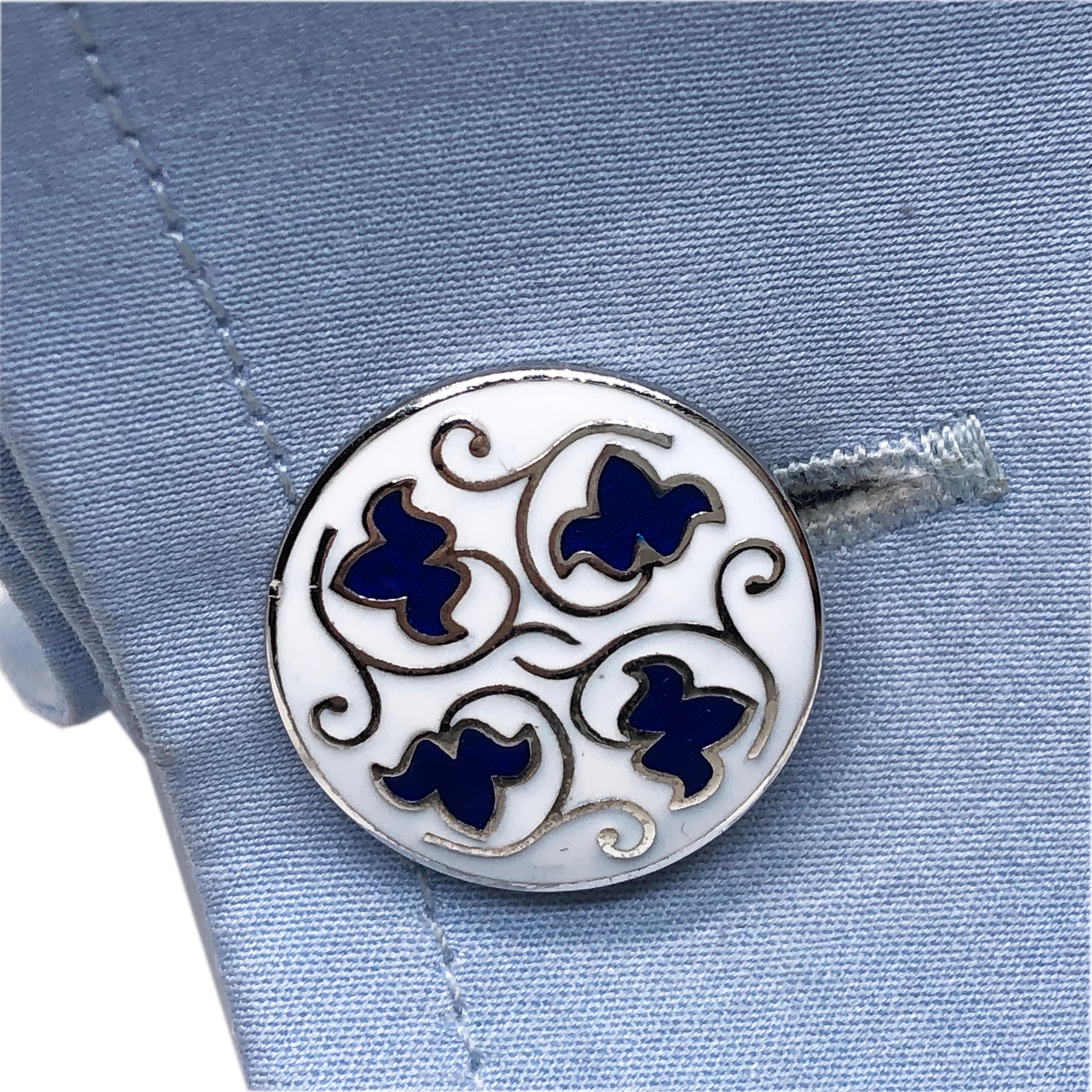 Women's or Men's Berca Blue Leaves White Setting Enameled Sterling Silver T-Bar Back Cufflinks For Sale