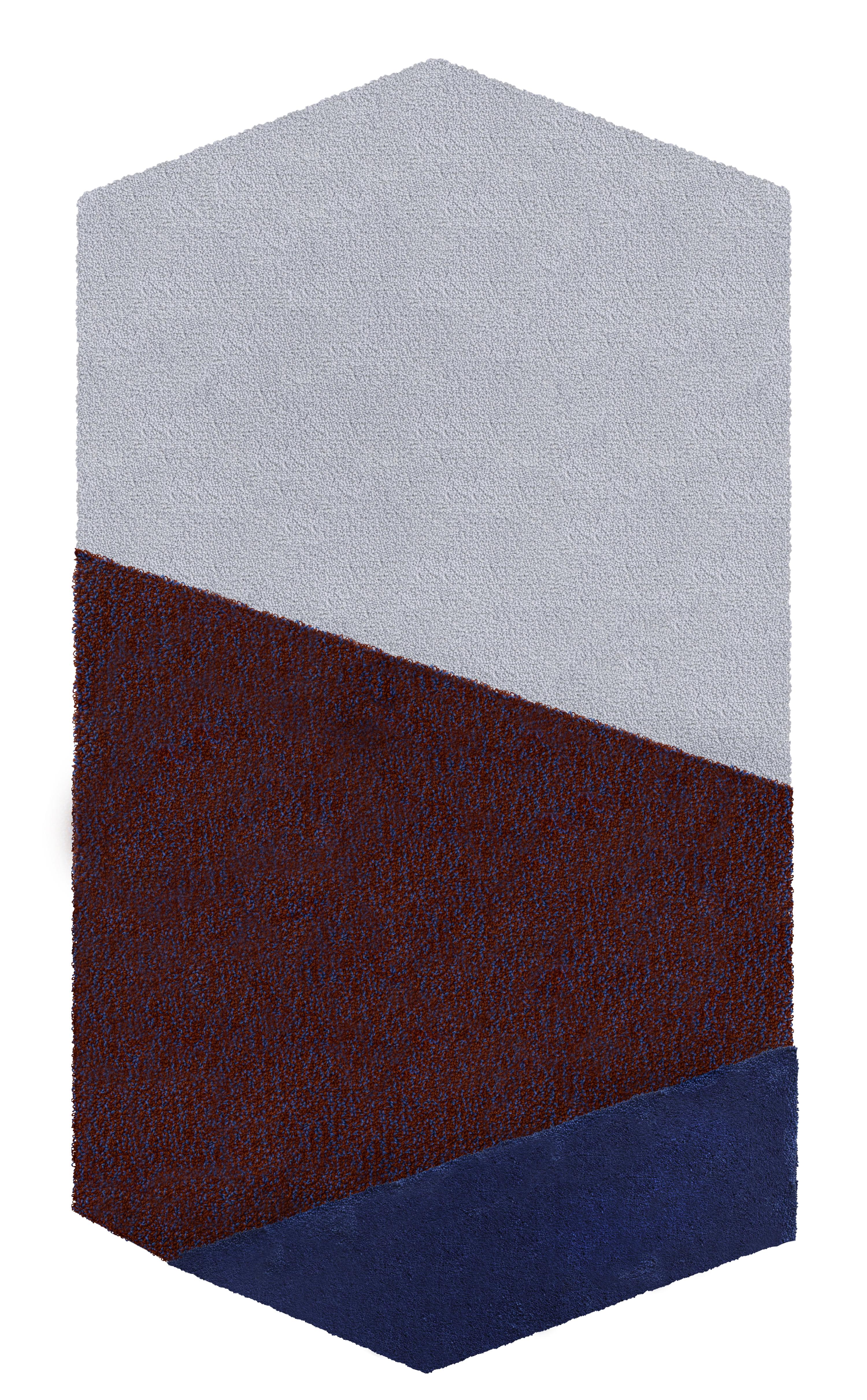 Blue left Oci rug by Seraina Lareida
Dimensions: W 70 x H 130 cm 
Materials: 100% New Zeland top-quality wool.
Available in sizes Medium (110x200cm) and Large (150 x 280cm). Also available in colors: Yellow/Gray, Brick/Pink, Bordeaux/Ecru and,