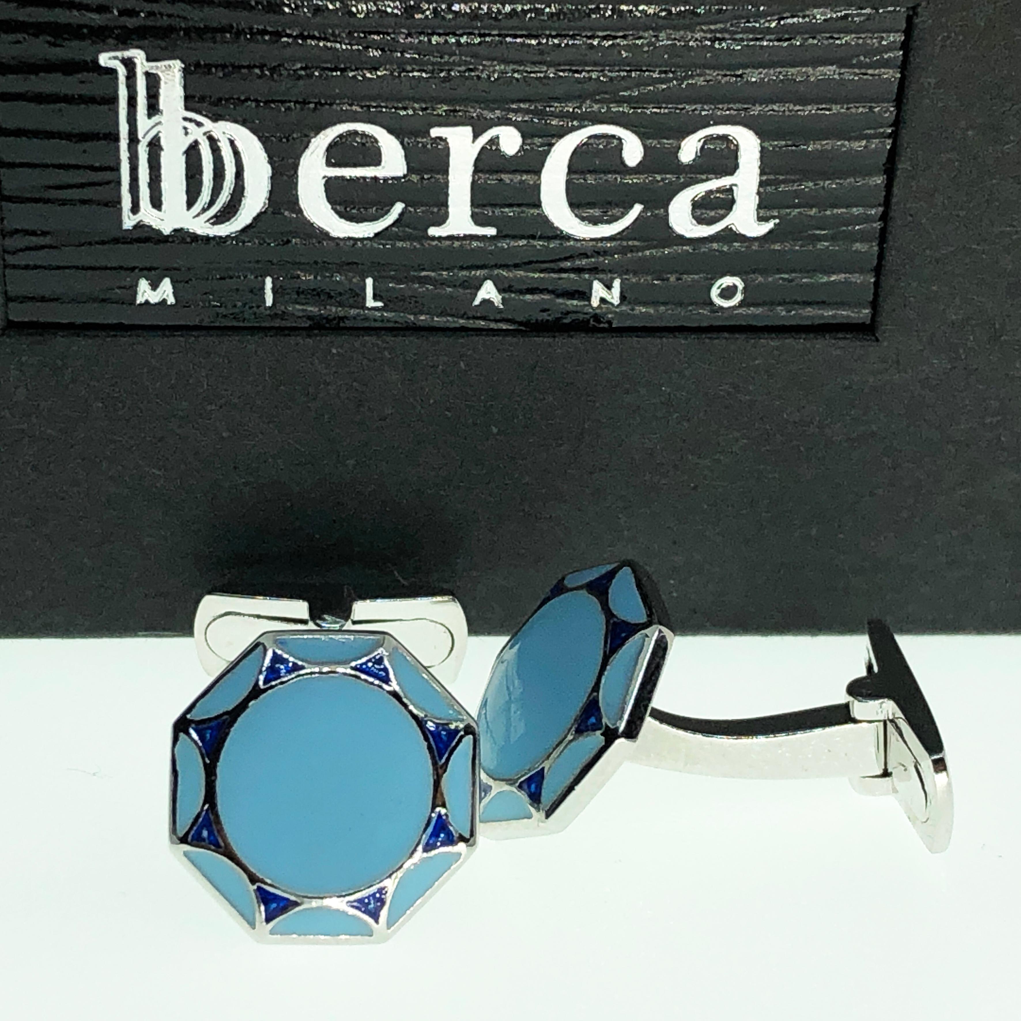 Berca Blue Light Blue Octagonal Enameled Sterling Silver Cufflinks T-Bar Back 5