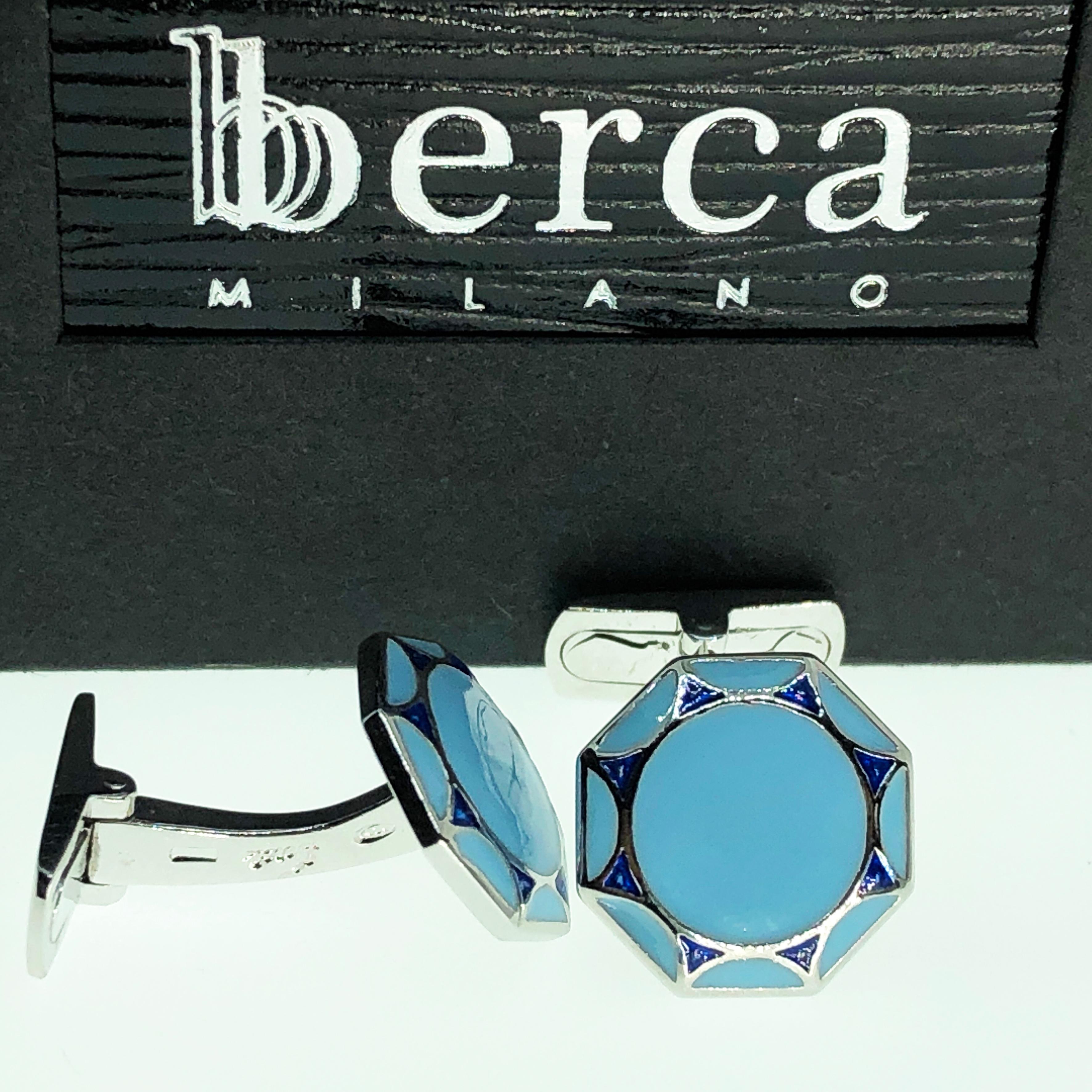 Chic yet Timeless Octagonal Blue and Light Blue Hand Enamelled Sterling Silver Cufflinks, T-bar back.
In our Smart Black Box.

Front Diameter about 0.55 inches.