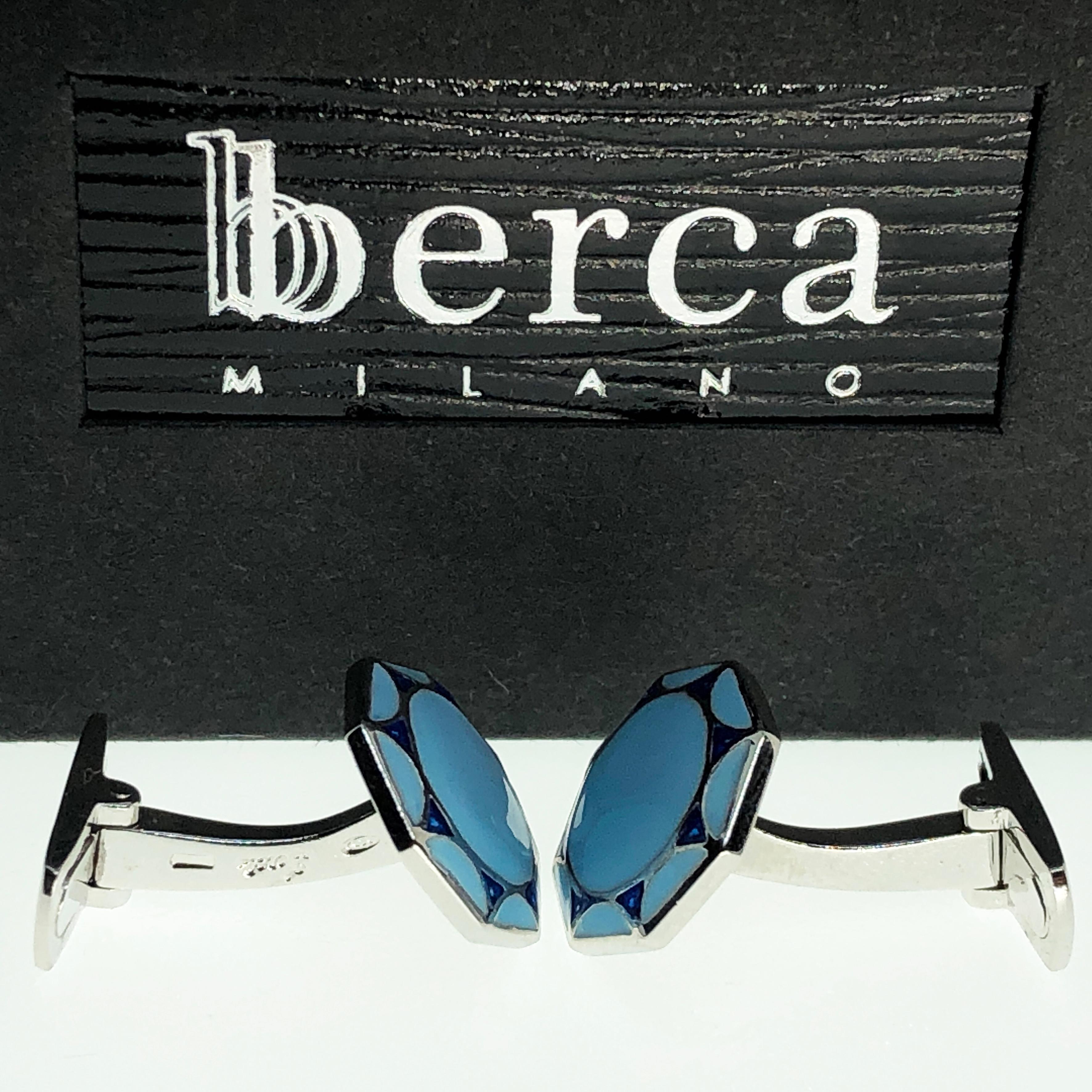 Contemporary Berca Blue Light Blue Octagonal Enameled Sterling Silver Cufflinks T-Bar Back