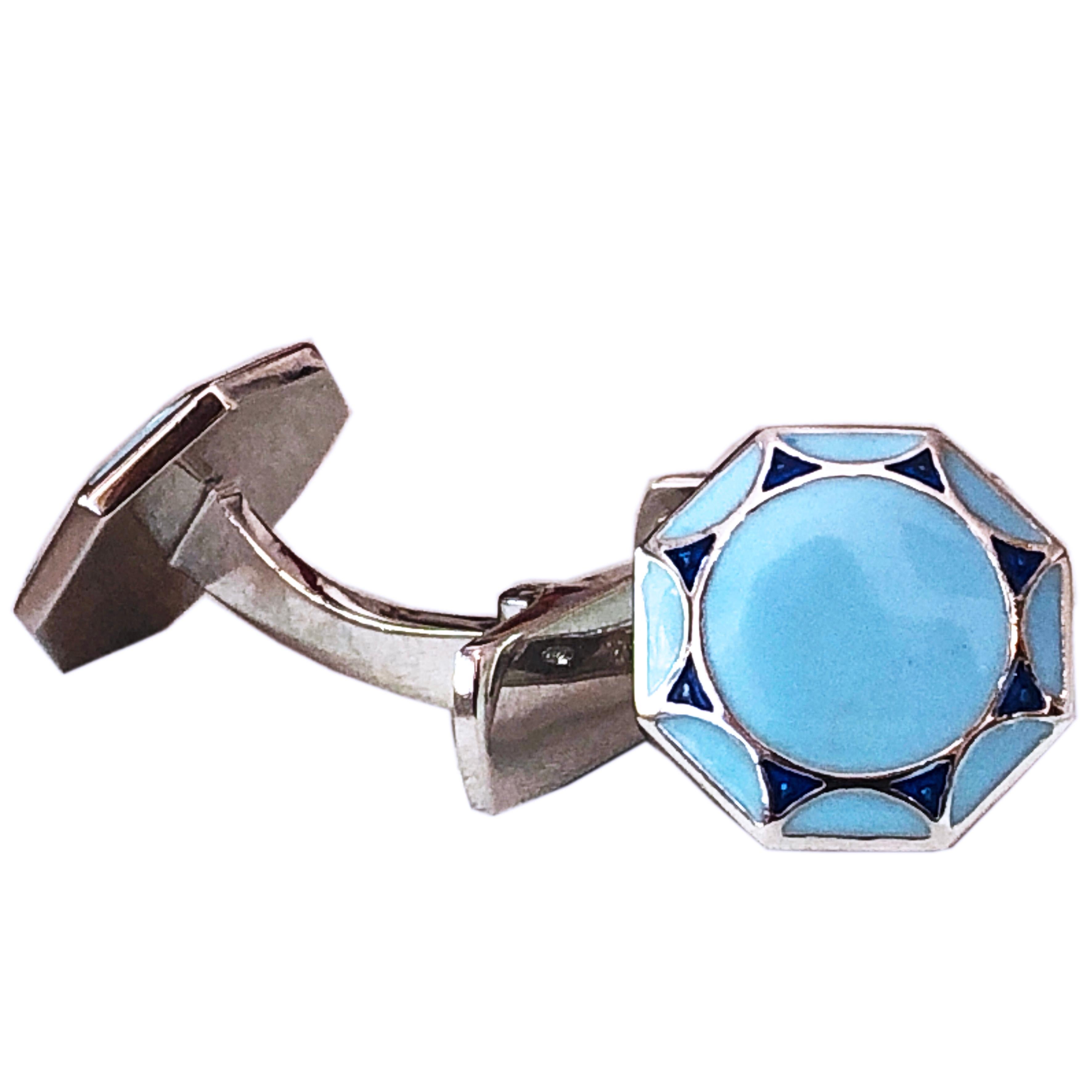 Berca Blue Light Blue Octagonal Enameled Sterling Silver Cufflinks T-Bar Back In New Condition In Valenza, IT
