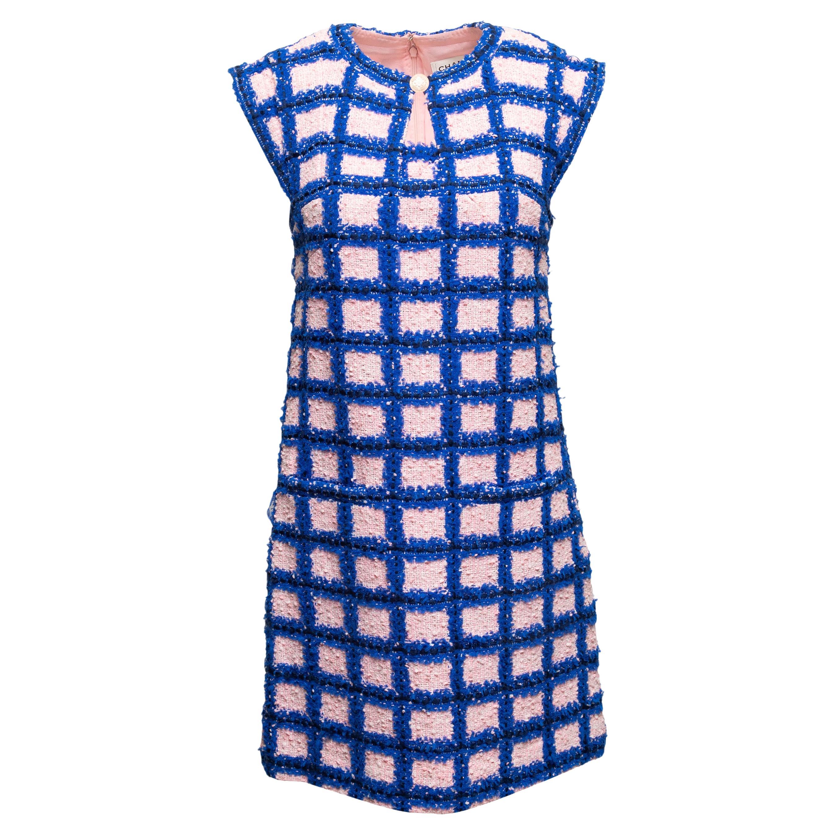 Blue & Light Pink Chanel Grid Patterned Tweed Dress Size FR 40