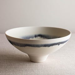 Blue Line Bowl in White Porcelain with Melting Blue Lines by Lisa Fleming