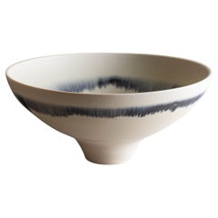 Blue Line Bowl in White Porcelain with Melting Blue Lines by Lisa Fleming