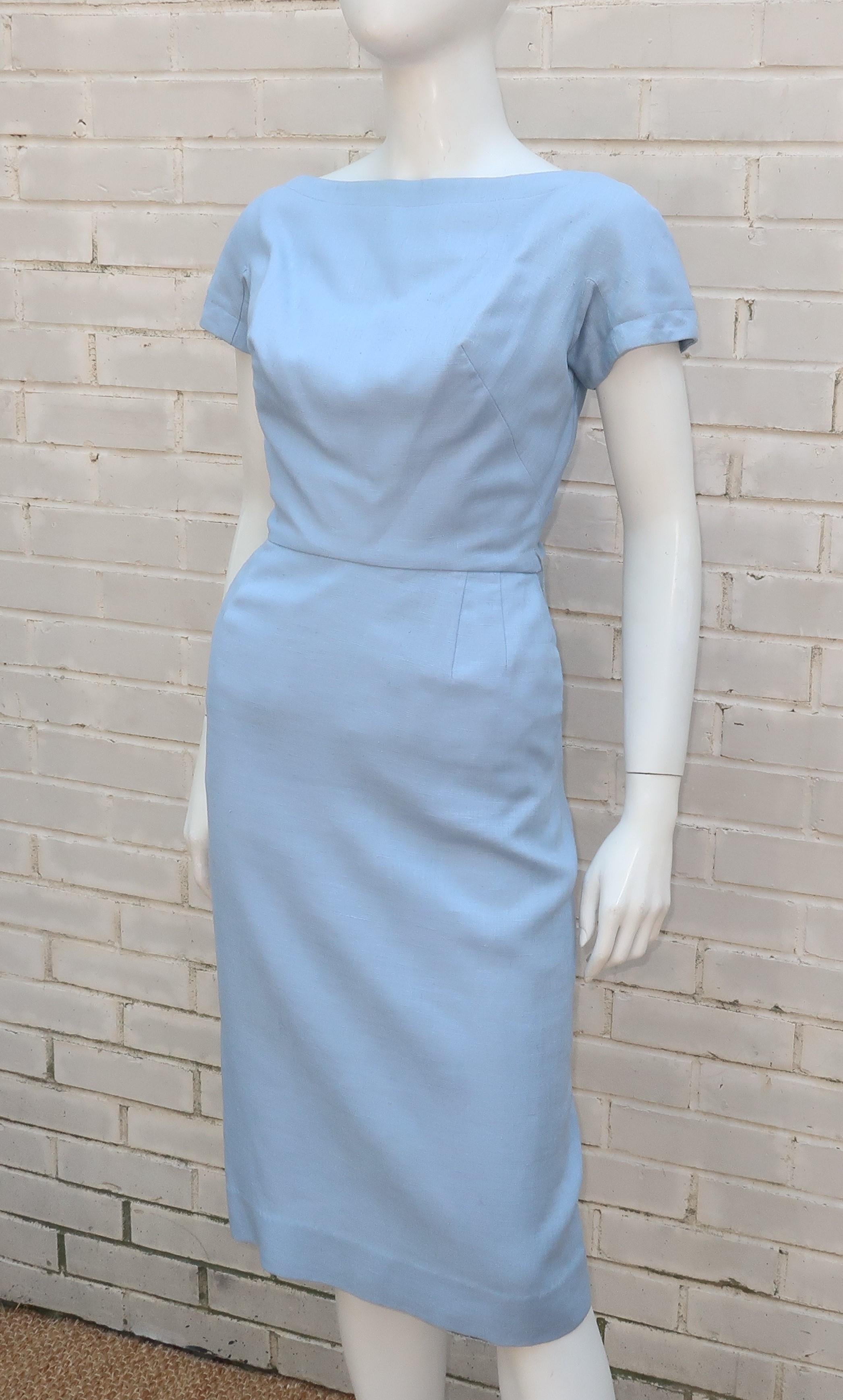 Blue Linen Dress & Jacket With Beading & Rhinestones, C.1960 5