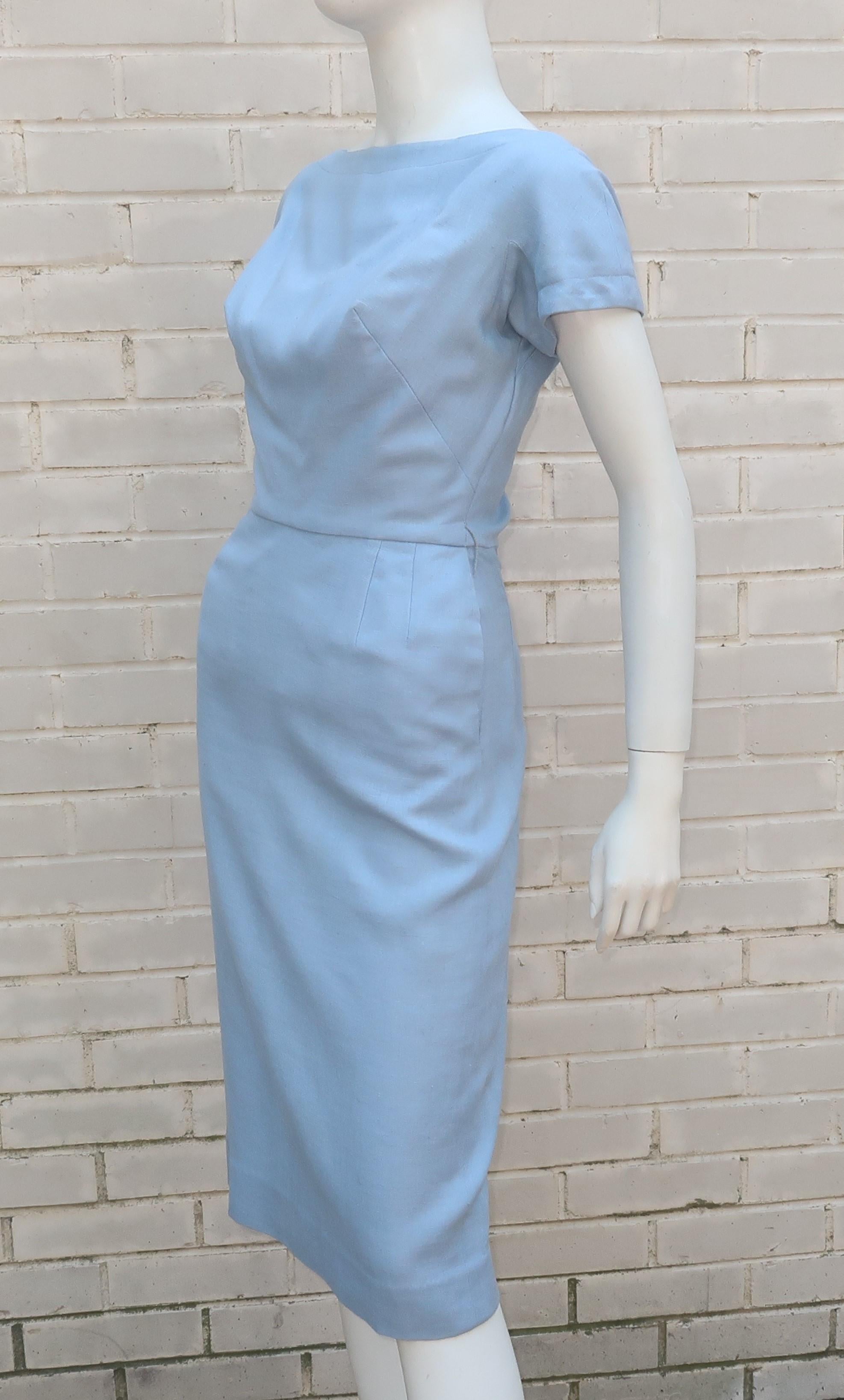Blue Linen Dress & Jacket With Beading & Rhinestones, C.1960 6