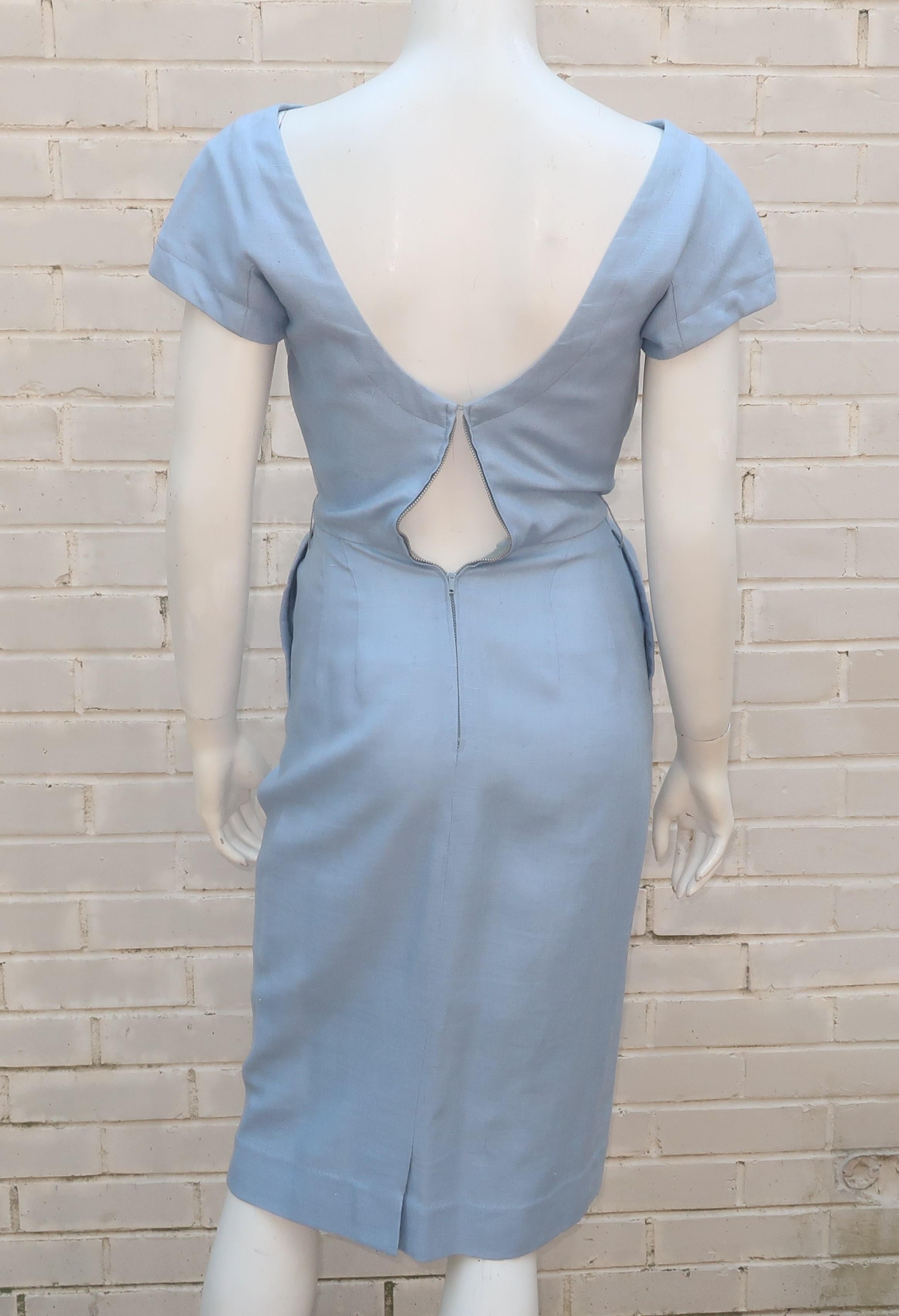 Blue Linen Dress & Jacket With Beading & Rhinestones, C.1960 7