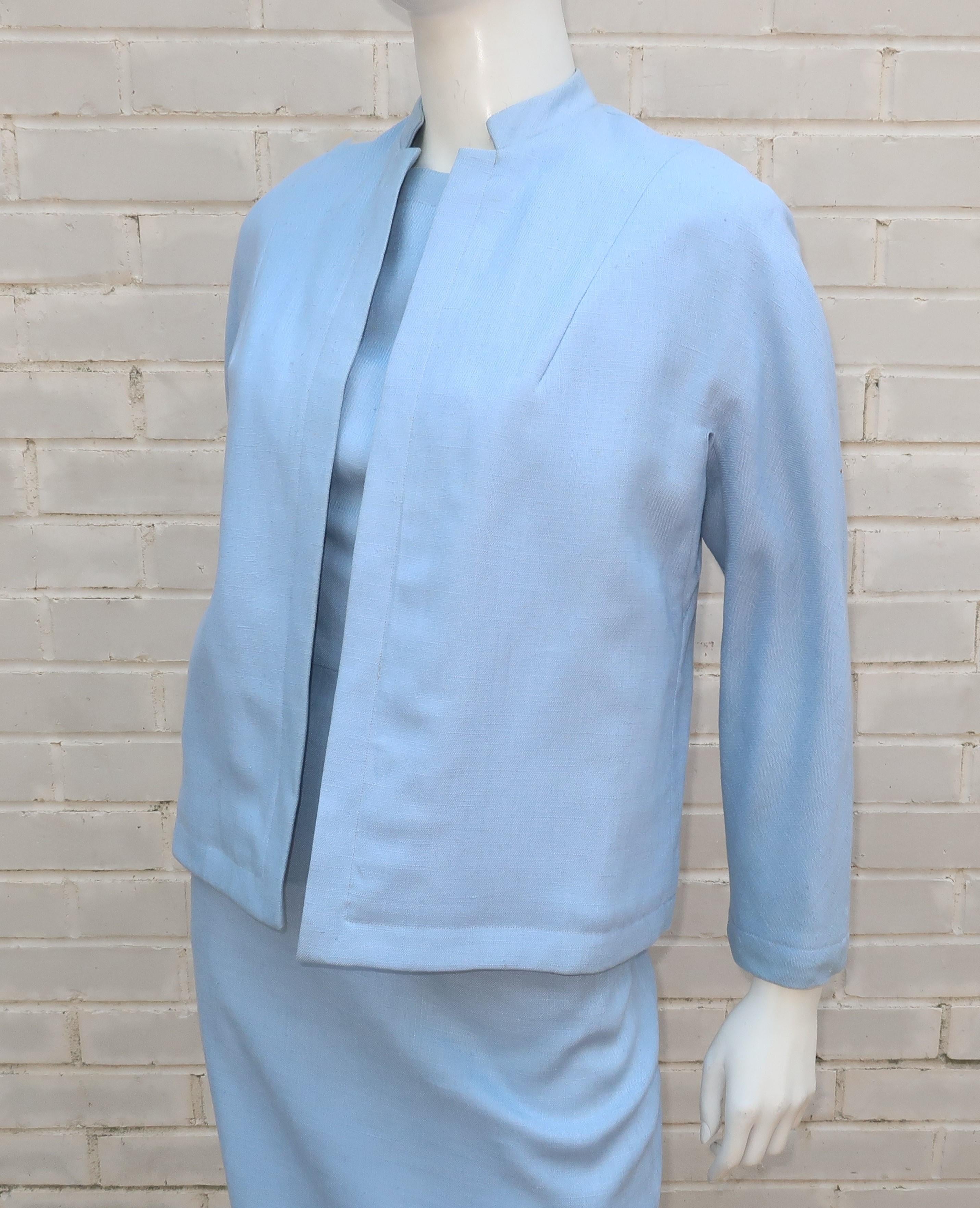Blue Linen Dress & Jacket With Beading & Rhinestones, C.1960 In Good Condition In Atlanta, GA