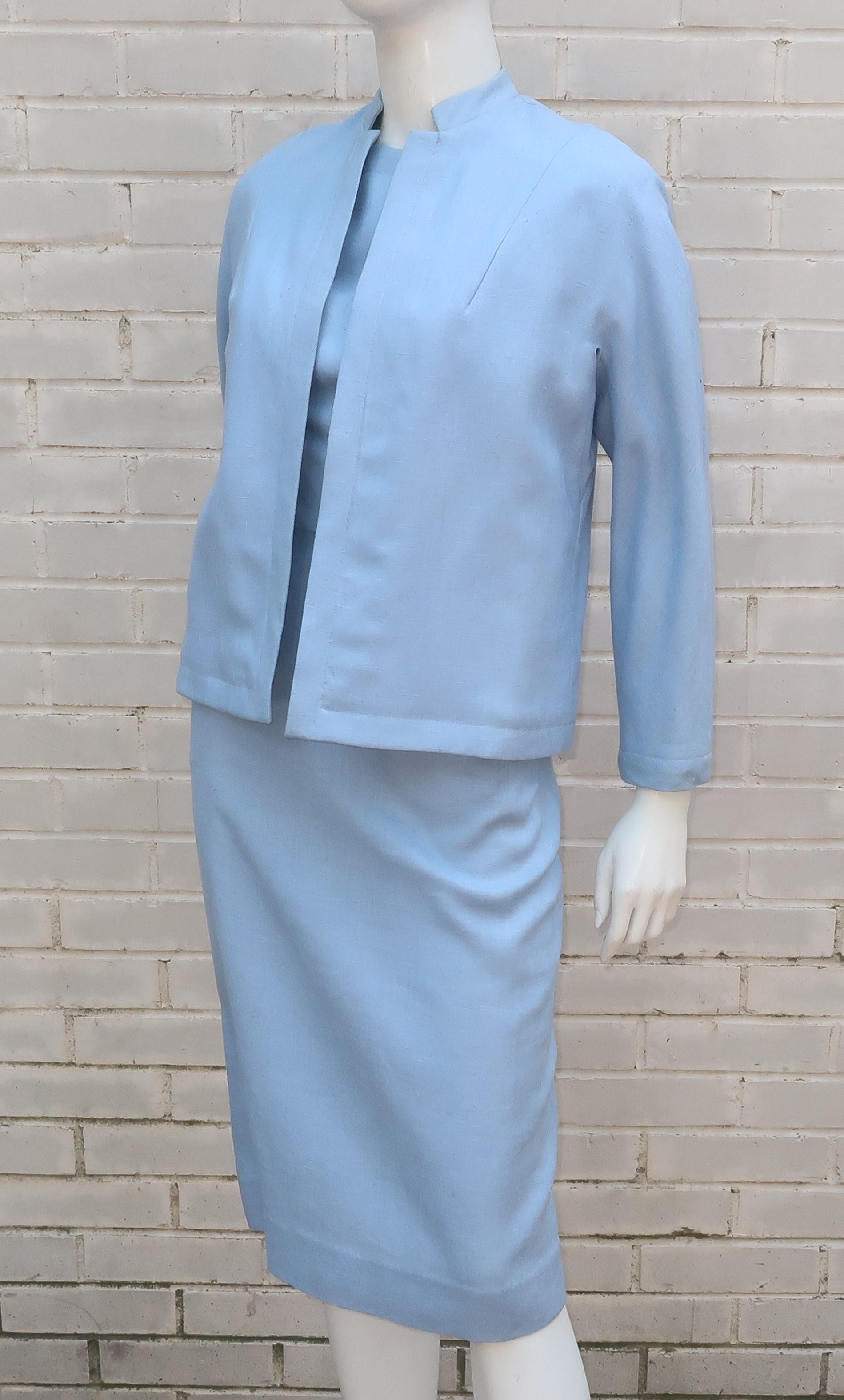 Women's Blue Linen Dress & Jacket With Beading & Rhinestones, C.1960