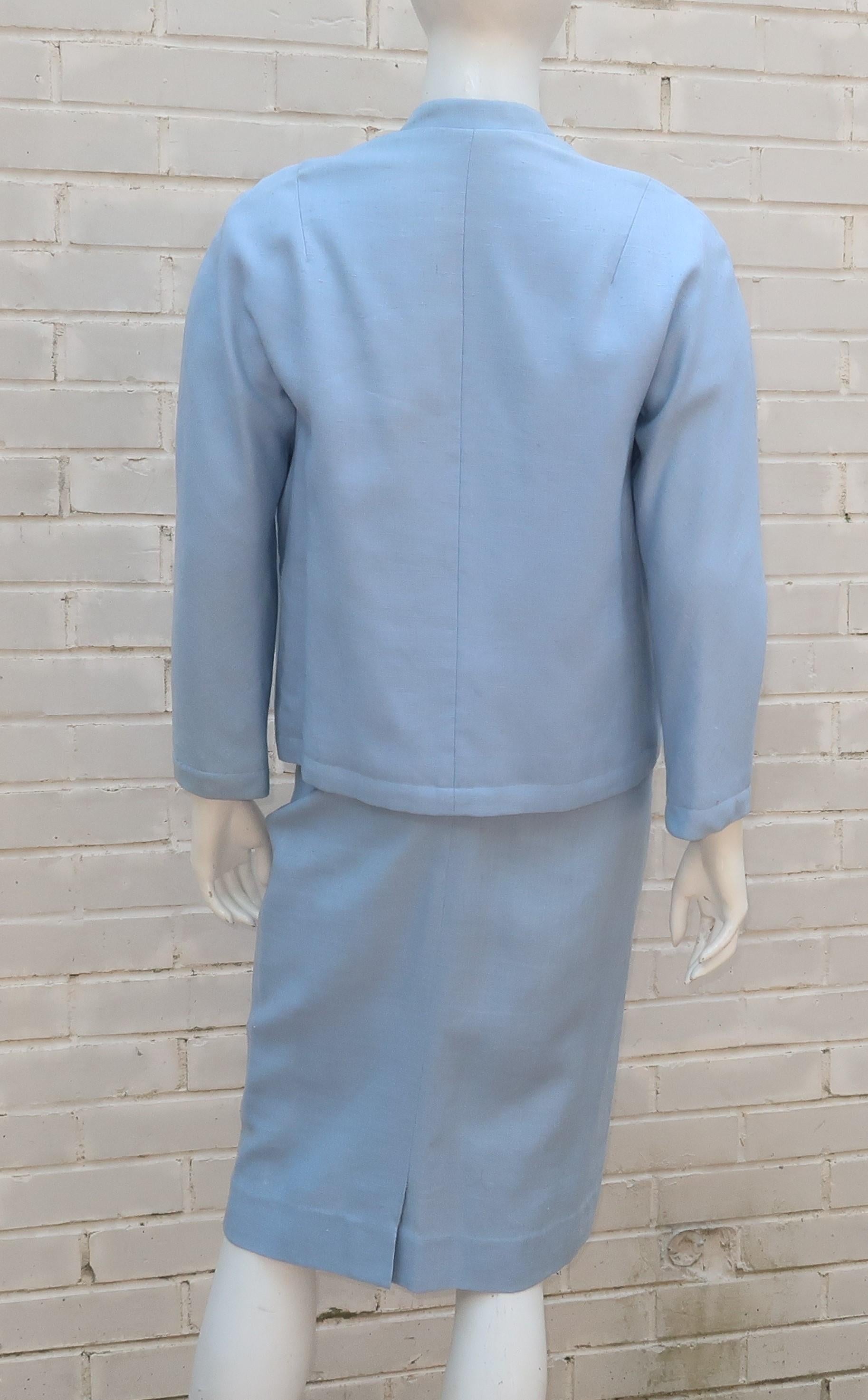Blue Linen Dress & Jacket With Beading & Rhinestones, C.1960 1