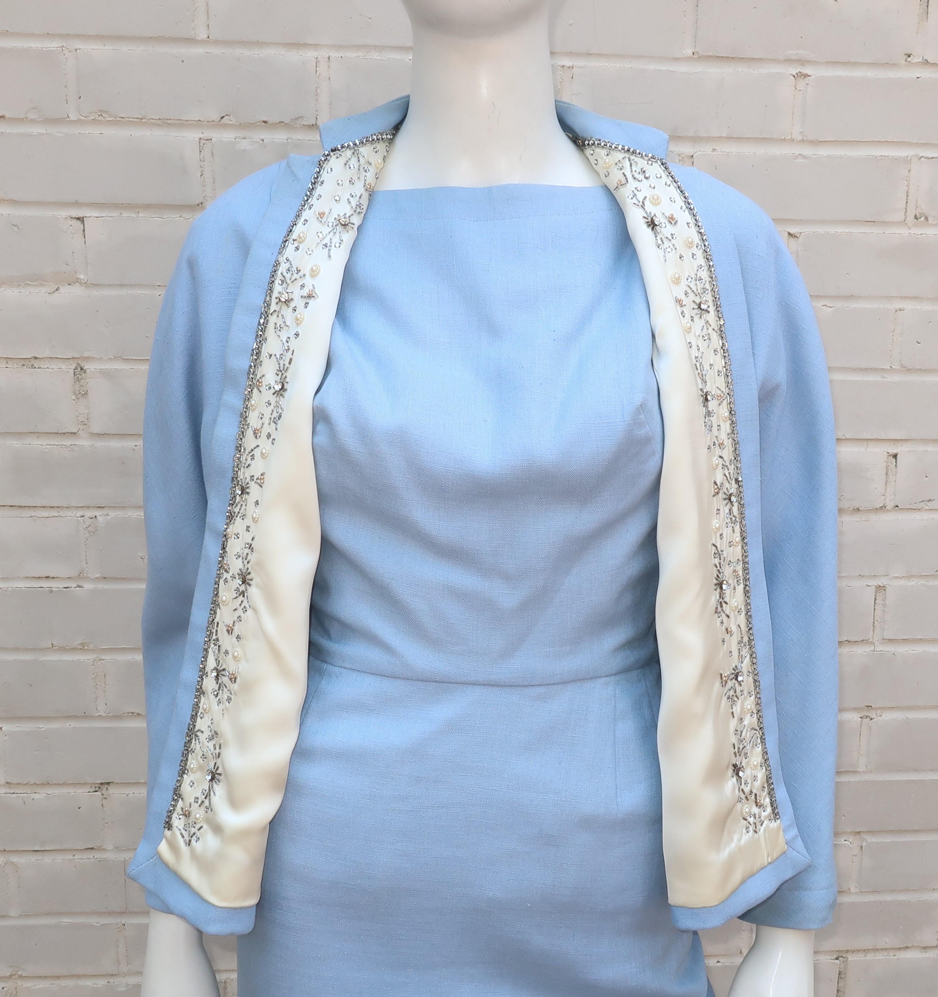 Blue Linen Dress & Jacket With Beading & Rhinestones, C.1960 2