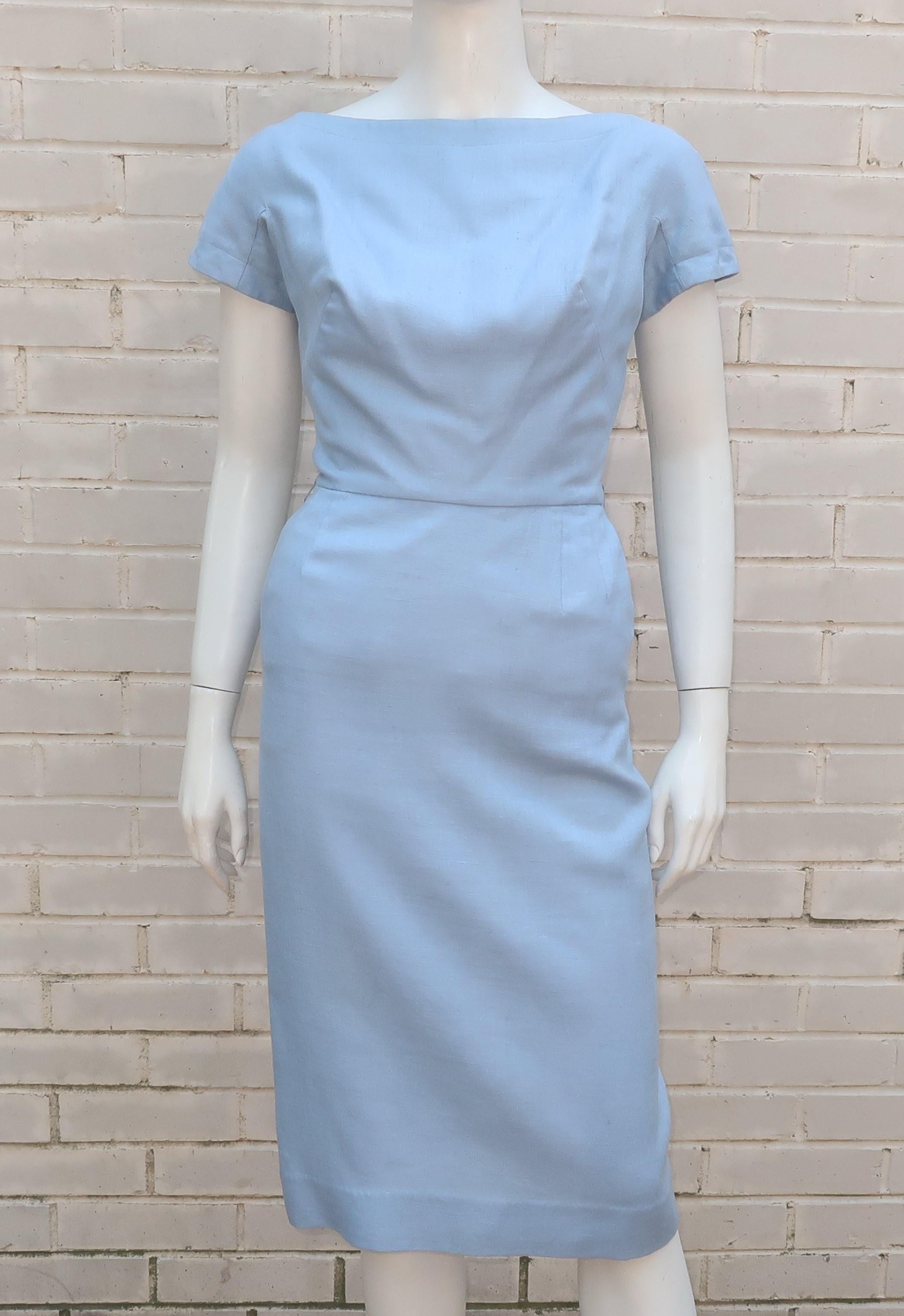Blue Linen Dress & Jacket With Beading & Rhinestones, C.1960 3