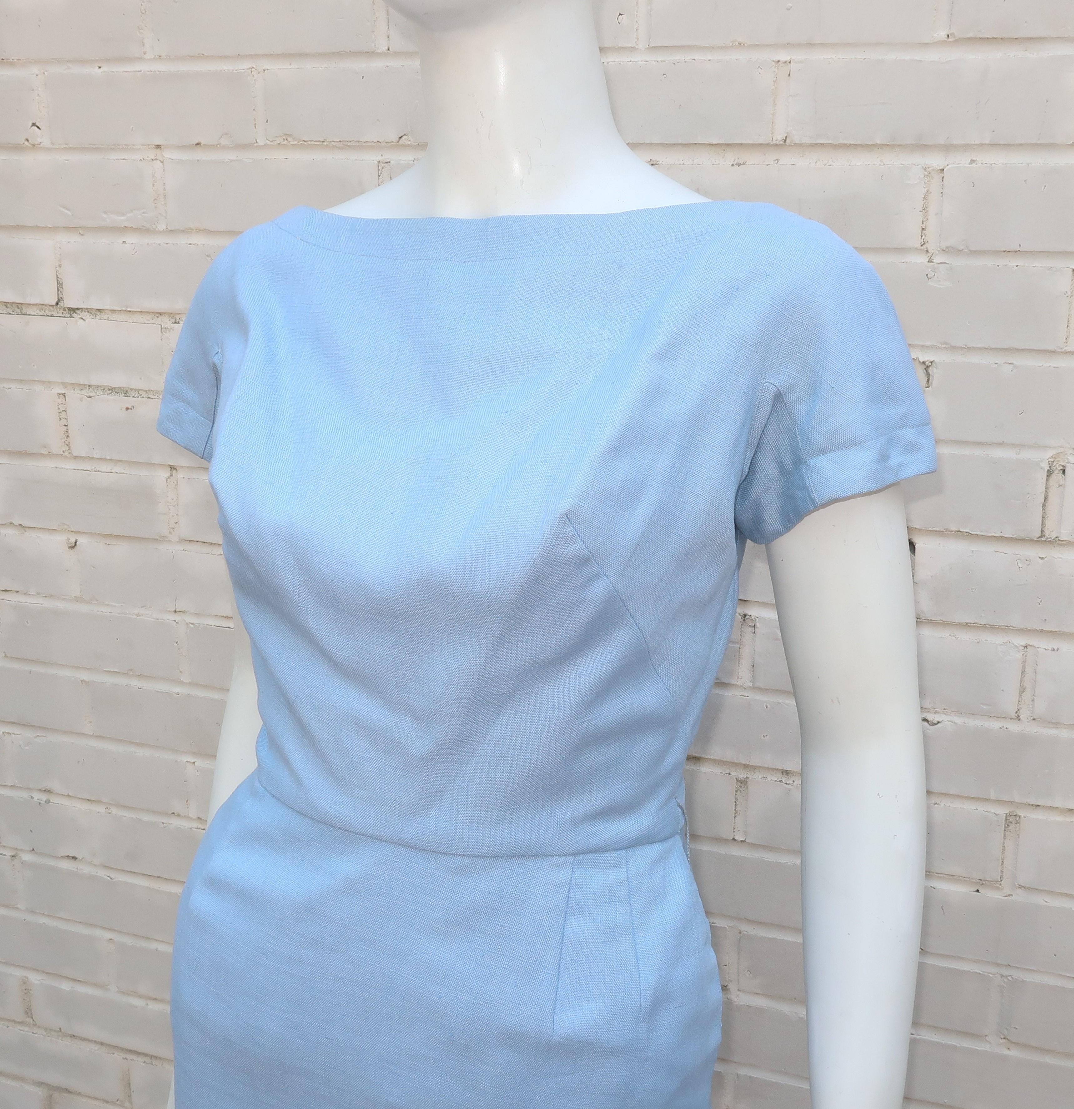 Blue Linen Dress & Jacket With Beading & Rhinestones, C.1960 4