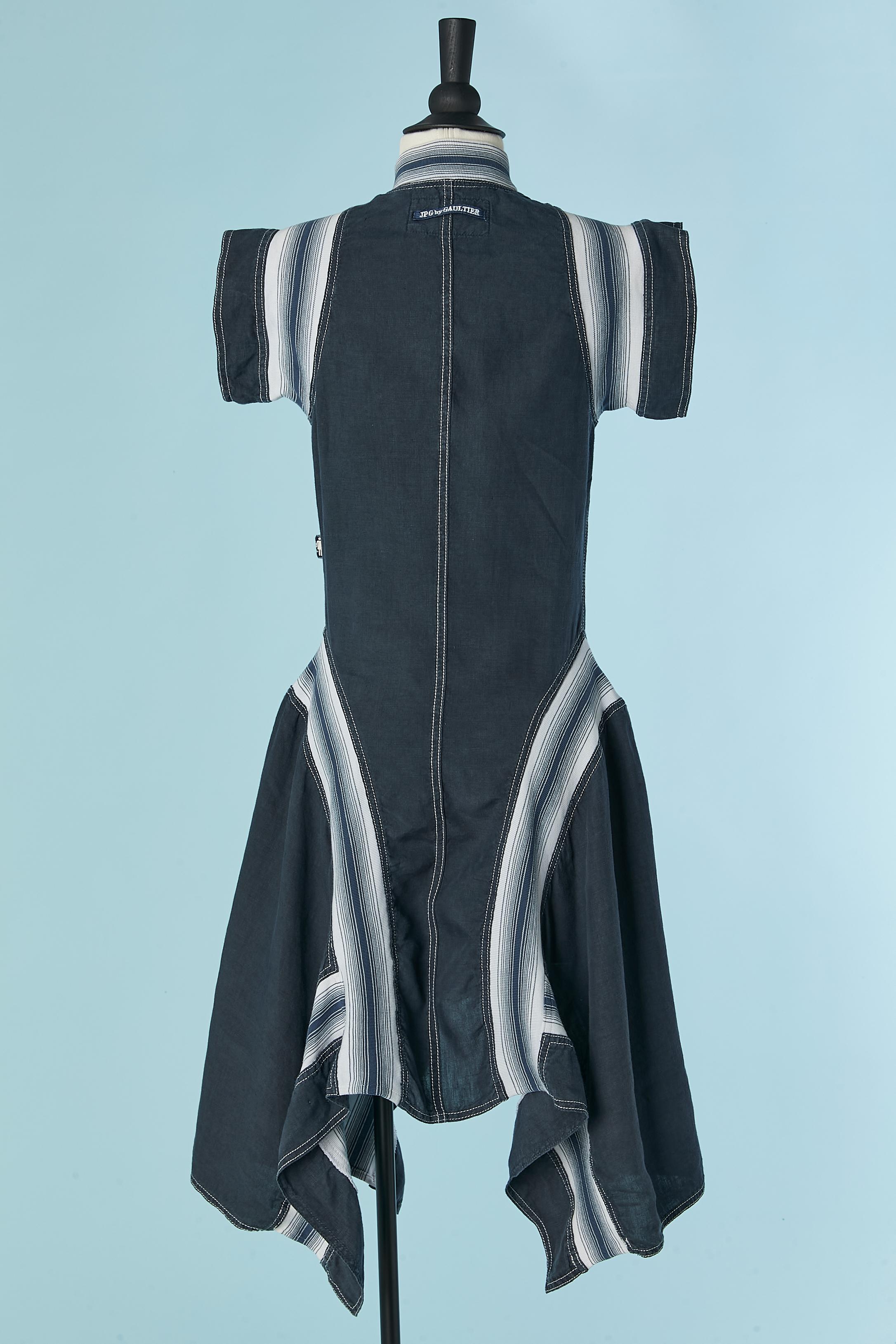 Blue linen dress with striped inset JEAN-PAUL GAULTIER JEANS For Sale 3