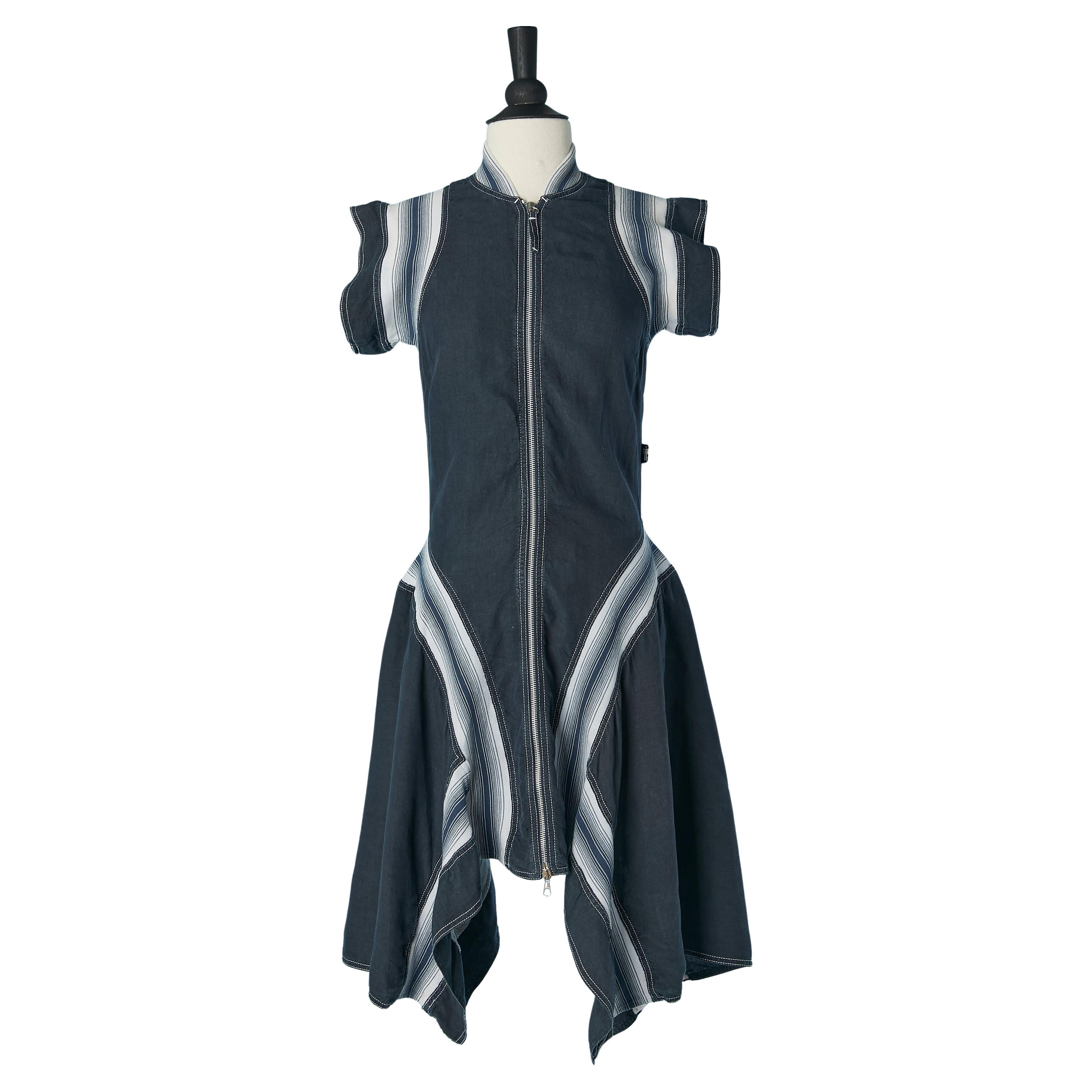 Blue linen dress with striped inset JEAN-PAUL GAULTIER JEANS For Sale