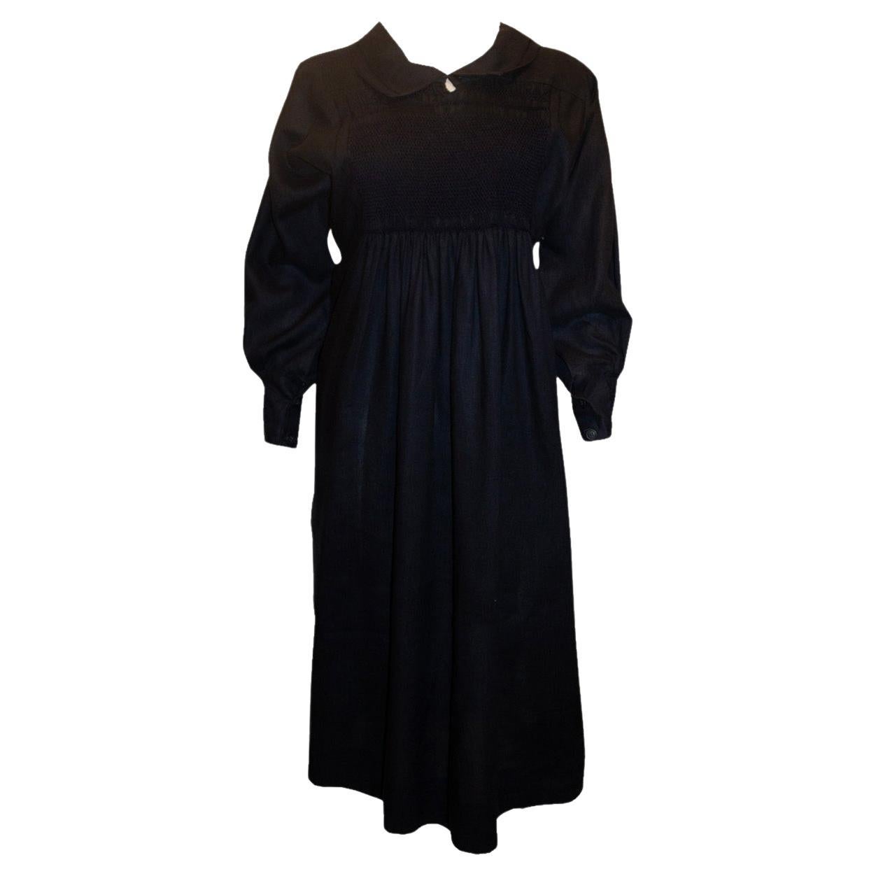 Blue Linen Dress with superb smock detailing For Sale