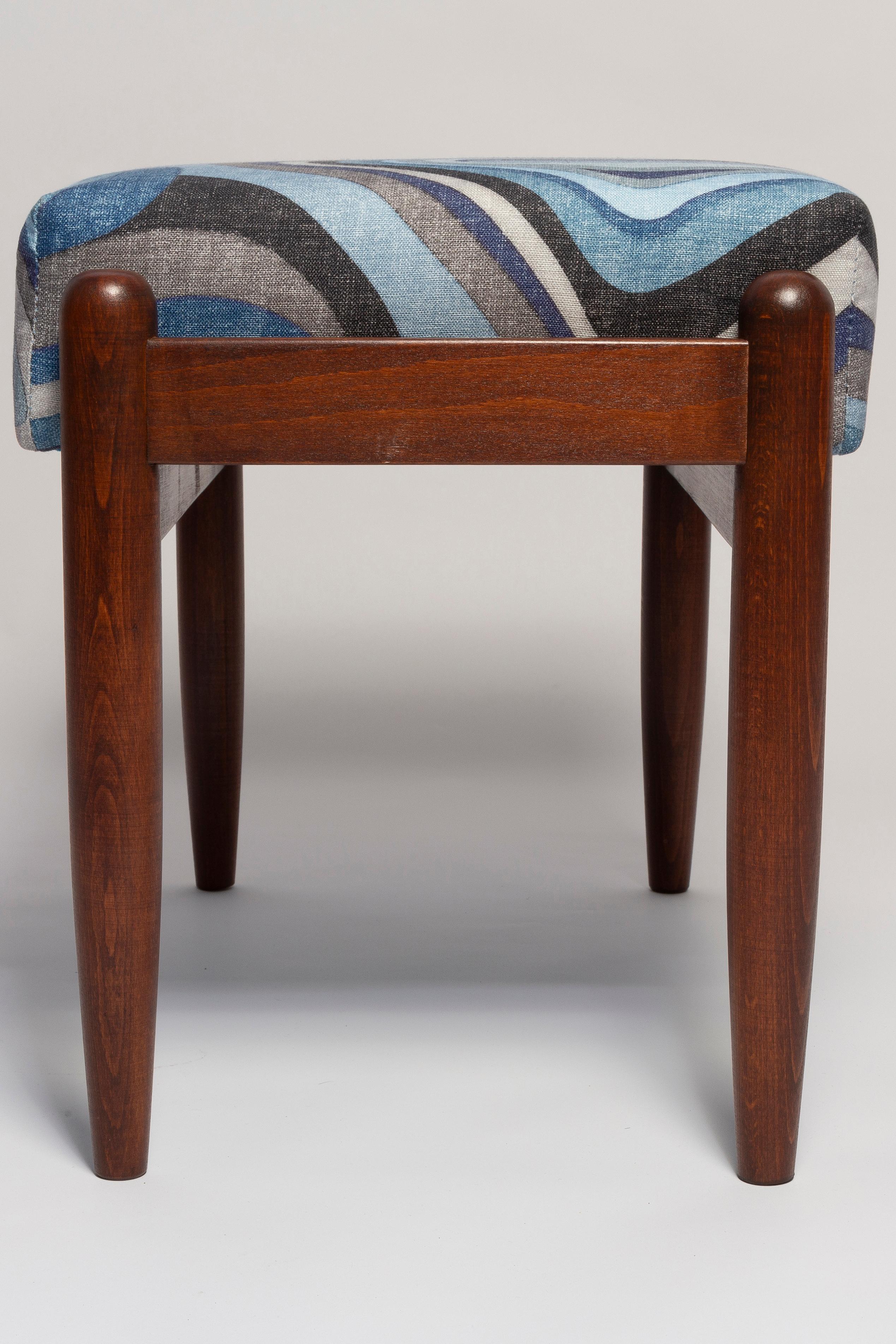 Hand-Crafted Blue Linen Mid Century GFM Stool, Edmund Homa, Europe, 1960s For Sale