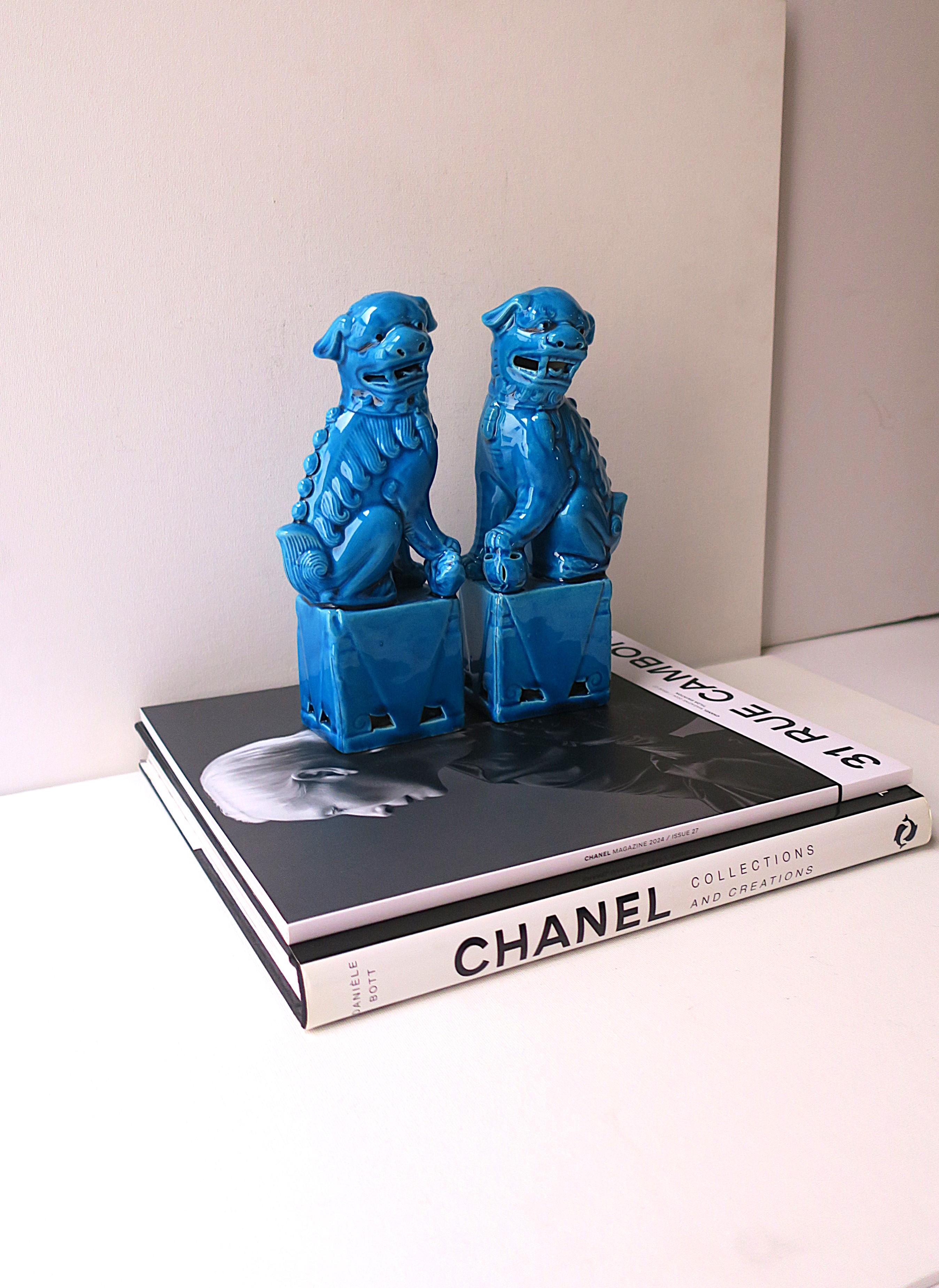 Glazed Blue Lion Foo Dogs Decorative Objects, Pair