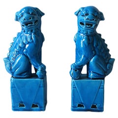 Vintage Blue Lion Foo Dogs Decorative Objects, Pair