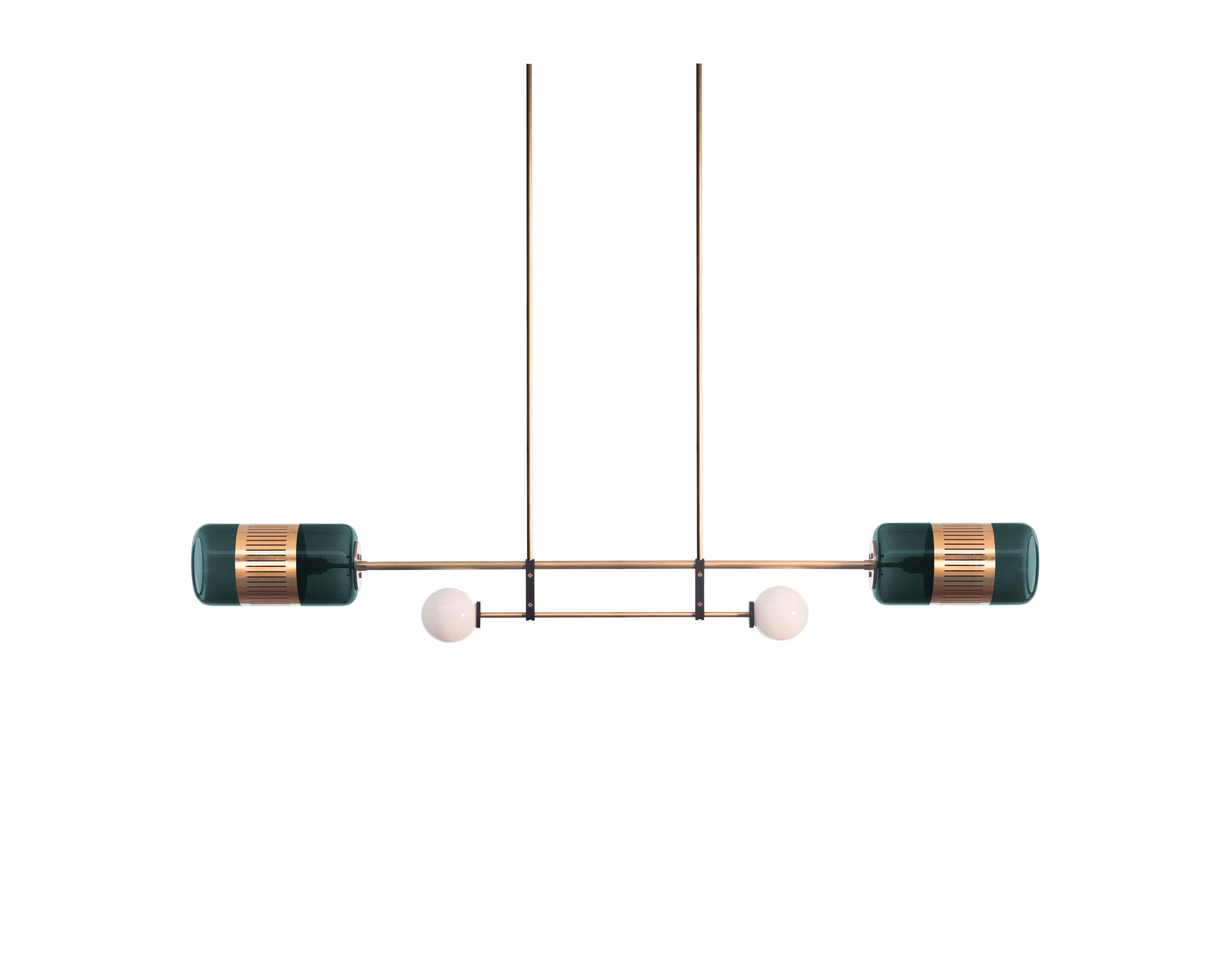 Blue Lizak pendant by Bert Frank
Dimensions: H 180 x W 180 x D 28 cm
Materials: Brass and glass

Available finishes: Brass, opal and blue
All our lamps can be wired according to each country. If sold to the USA it will be wired for the USA for