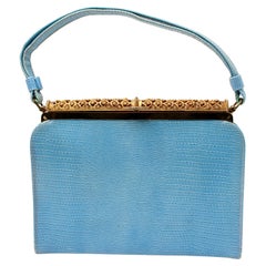 Blue Lizard Embossed Handbag With Gold-Tone Ornate Frame circa 1960s